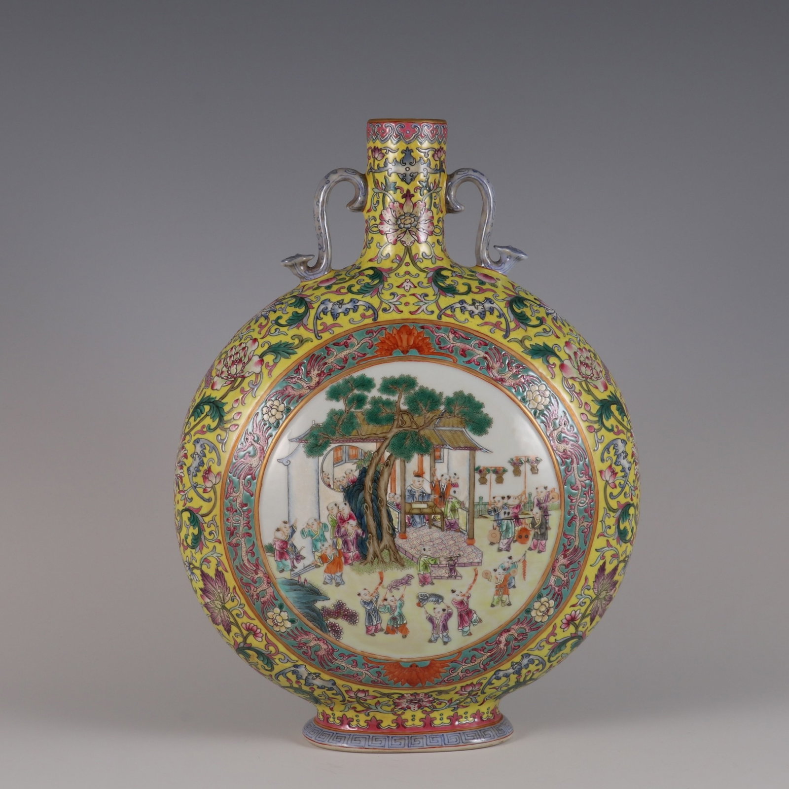 A Rare Yellow Ground Famille-Rose Character and Story Pattern Double-Ears Vase: A Rare Yellow Ground Famille-Rose Character and Story Pattern Double-Ears Vase,Qing Dynasty,China,Qianlong Six-character Mark,Size:13.3inx9.8in