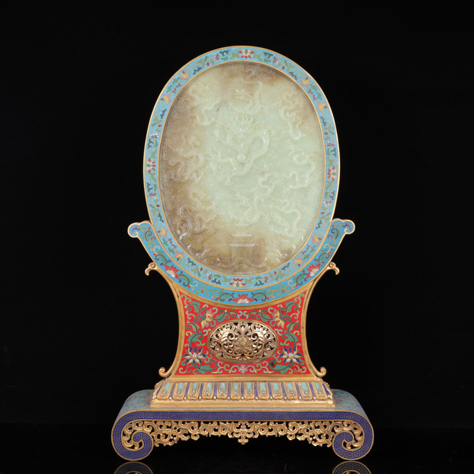 An Exquisite Cloisonne Inlaid Greenish Jade Dragon Pattern Table Screen,with poem: An Exquisite Cloisonne Inlaid Greenish Jade Dragon Pattern Table Screen,with poem,Qing Dynasty, China,Size:23.2inx14.6inx3.9in,Weight:4850g 景泰蓝嵌青玉龙 