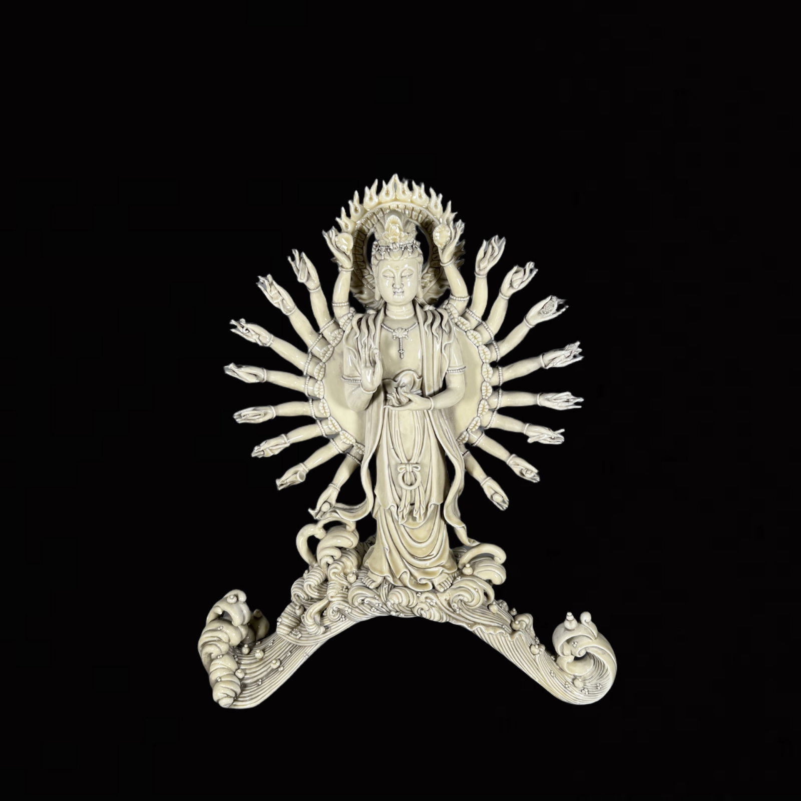 A Solemn Blance-De-Chine Statue of Thousand-hand Guanyin: A Solemn Blance-De-Chine Statue of Thousand-hand Guanyin,Ming Dynasty,China,He Chaozong Mark,Size:27in 德化瓷千手观音像,中国明代