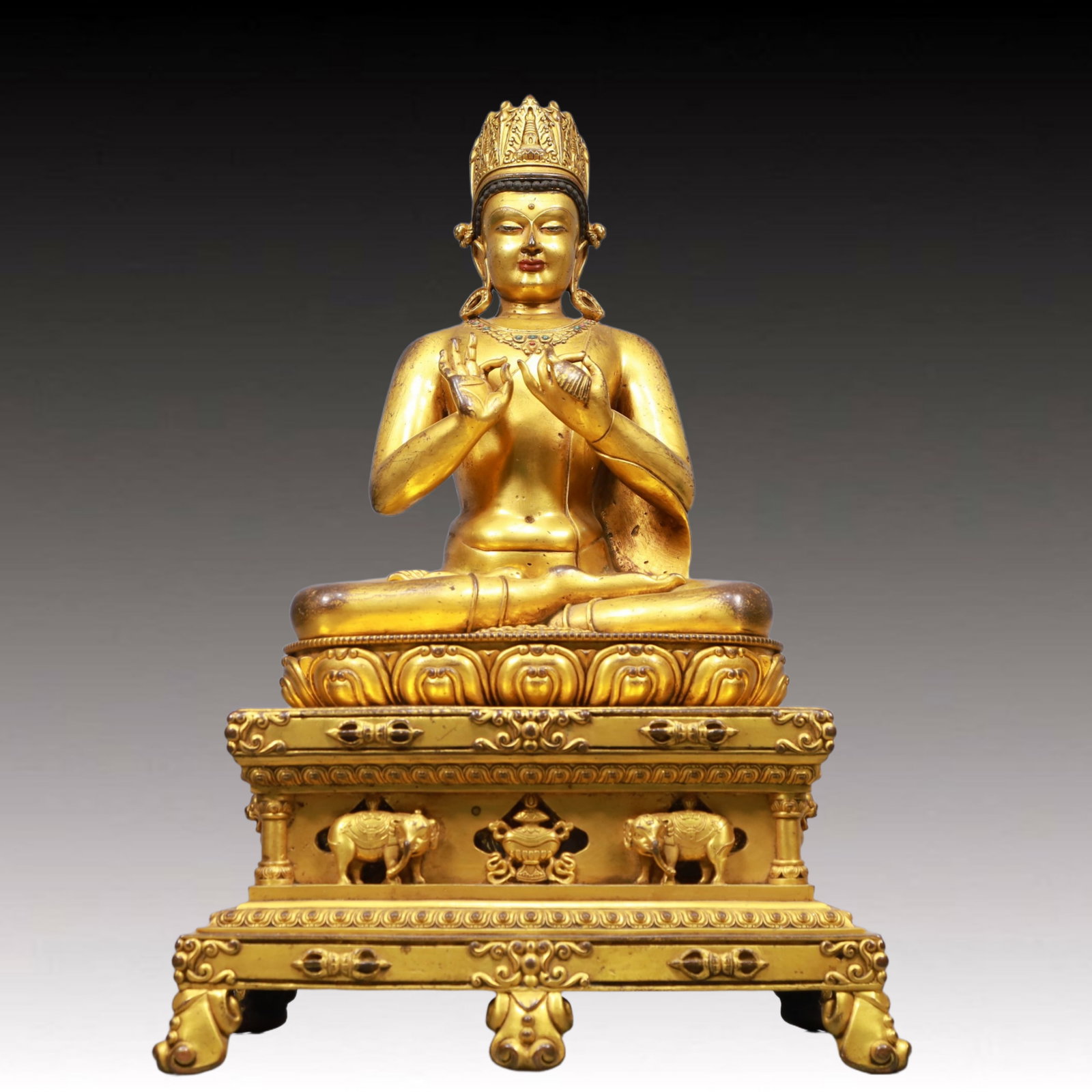 A Solemn Gilt Bronze Statue of Amitayus, Inlaid Gems, With Inscription: A Solemn Gilt Bronze Statue of Amitayus, Inlaid Gems, With Inscription, Ming Dynasty, China, Qianlong Mark, Size:8.7inx9.4inx20.1in, Weight:14950g 铜鎏金无量寿Ë