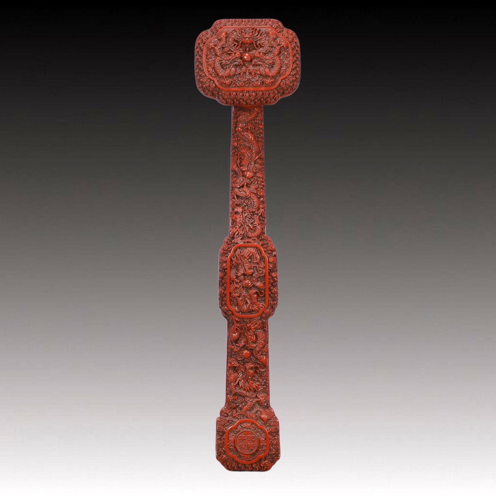 A Huge Carved Red Lacquer Dragon Pattern Ruyi: A Huge Carved Red Lacquer Dragon Pattern Ruyi,Qing Dynasty, China,Size:19.3inx4.7inx3.5in,Weight:700g 剔红漆器龙纹如意,中国清代