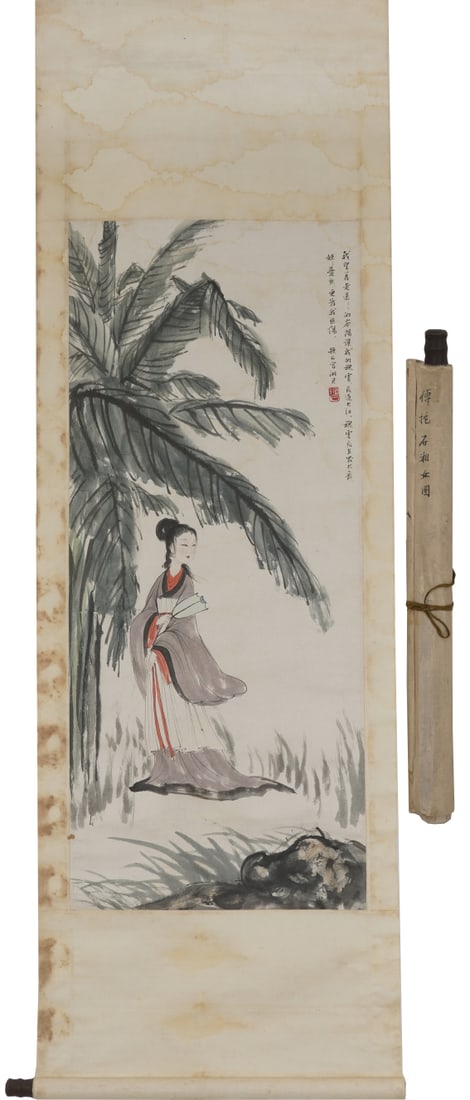 A Chinese Vertical Scroll Ink Painting of Character and Story on Paper: A Chinese Vertical Scroll Ink Painting of Character and Story on Paper,Fu Baoshi,Size:44.5inx18.9in 一幅中国水墨人物故事画立$