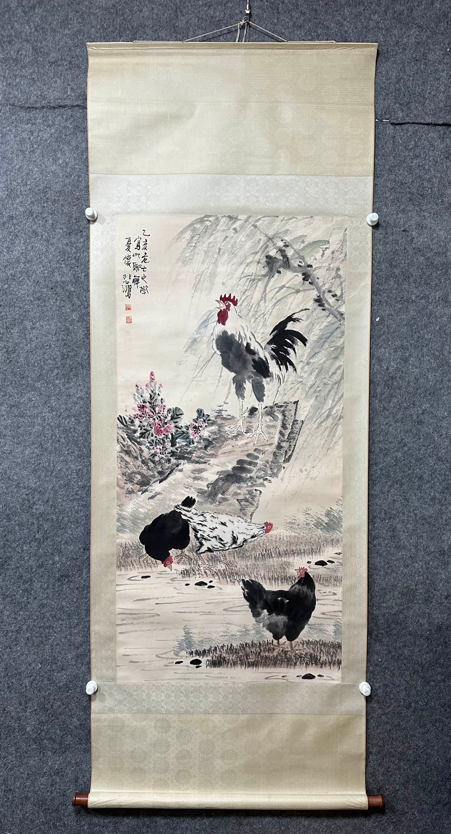 A Chinese Vertical Scroll Ink Painting of Rooster on Paper,Xu Beihong: A Chinese Vertical Scroll Ink Painting of Rooster on Paper,Xu Beihong,Size:(Without frame)26.4inx53.7in 一幅中国水墨公鸡图立轴,徐