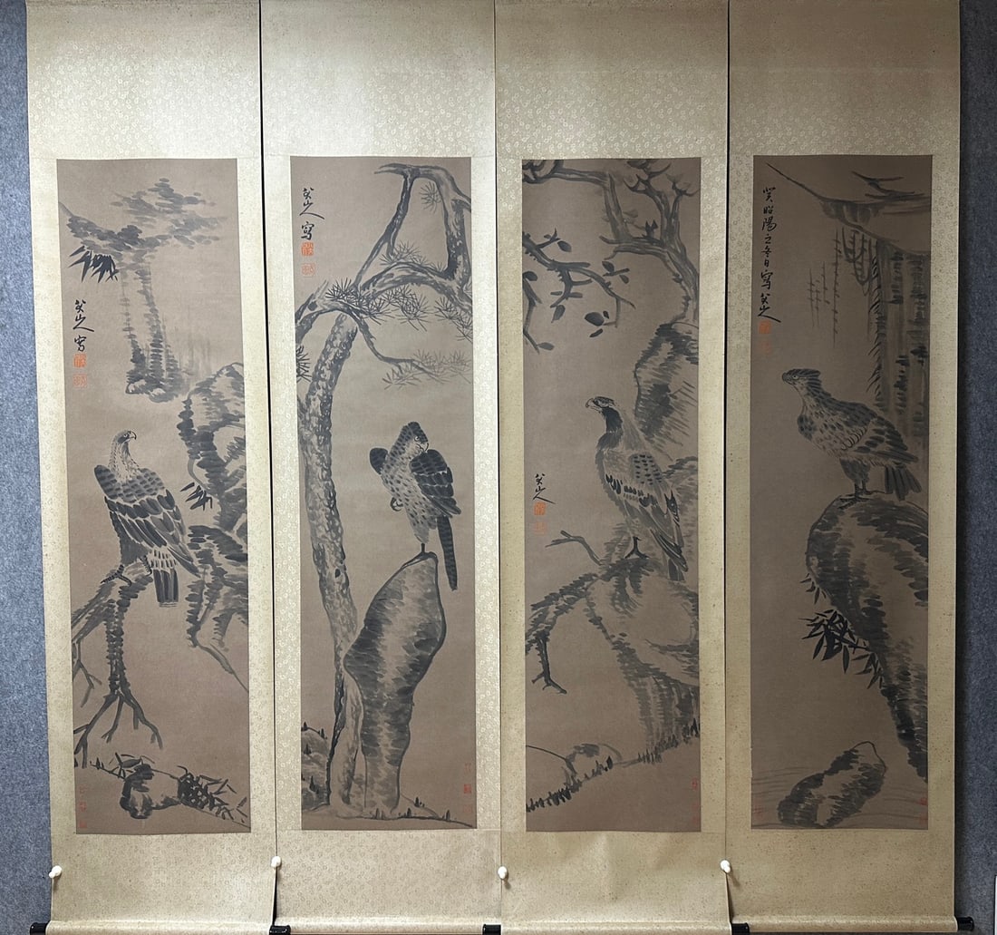 A Set of Chinese Vertical Scroll Ink Painting of Pine and Eagle on Paper: A Set of Chinese Vertical Scroll Ink Painting of Pine and Eagle on Paper,Size:70.5inx18.5in*4 一套中国水墨松鹰图立轴