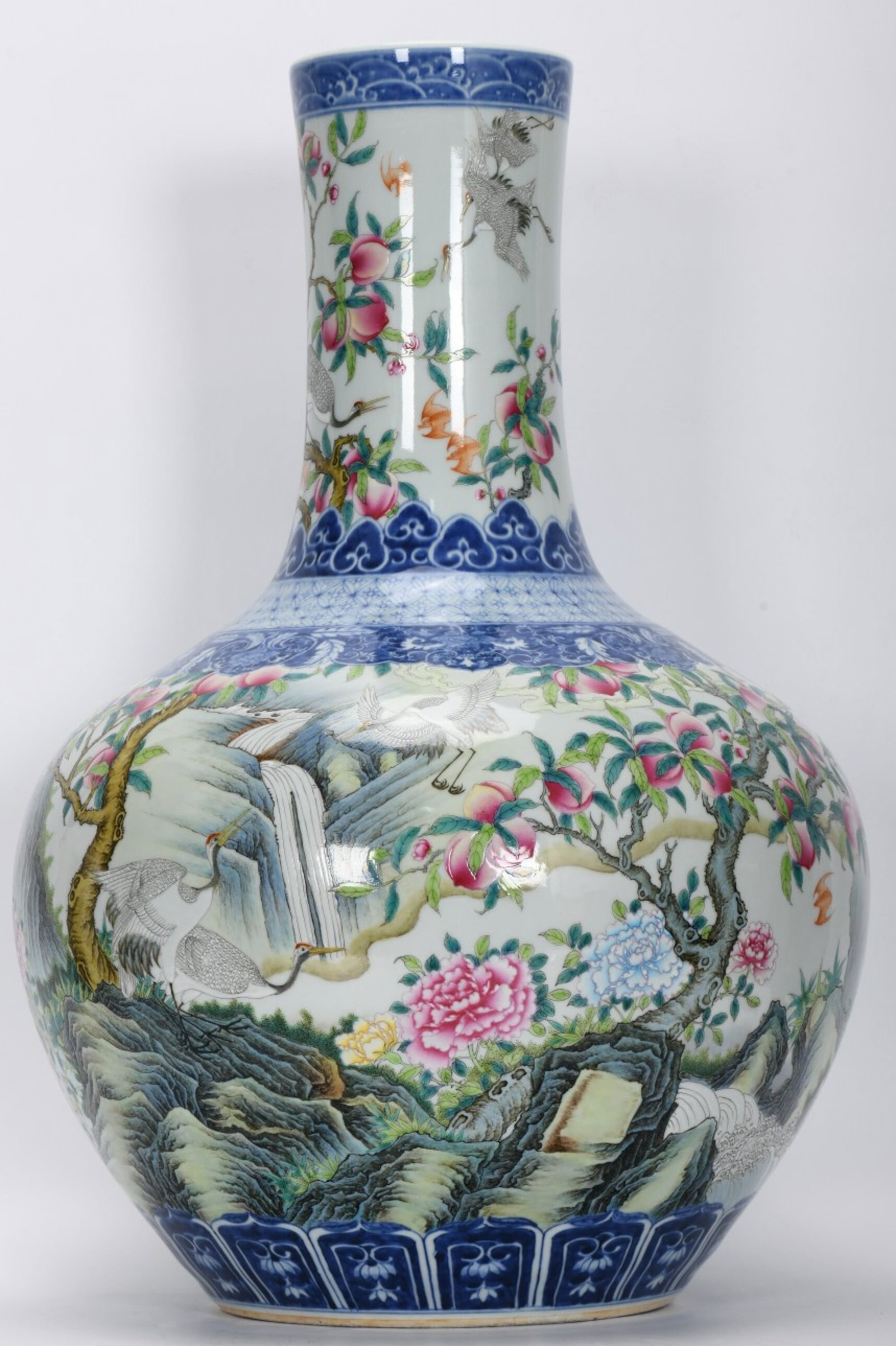 A Huge Blue and White Enamel Flower and Crane Pattern Vase,with poem: A Huge Blue and White Enamel Flower and Crane Pattern Vase,with poem,Qing Dynasty,China,Qianlong Six-character Mark,Size:23.5inx5.4in 青花珐琅彩花卉鹤&#