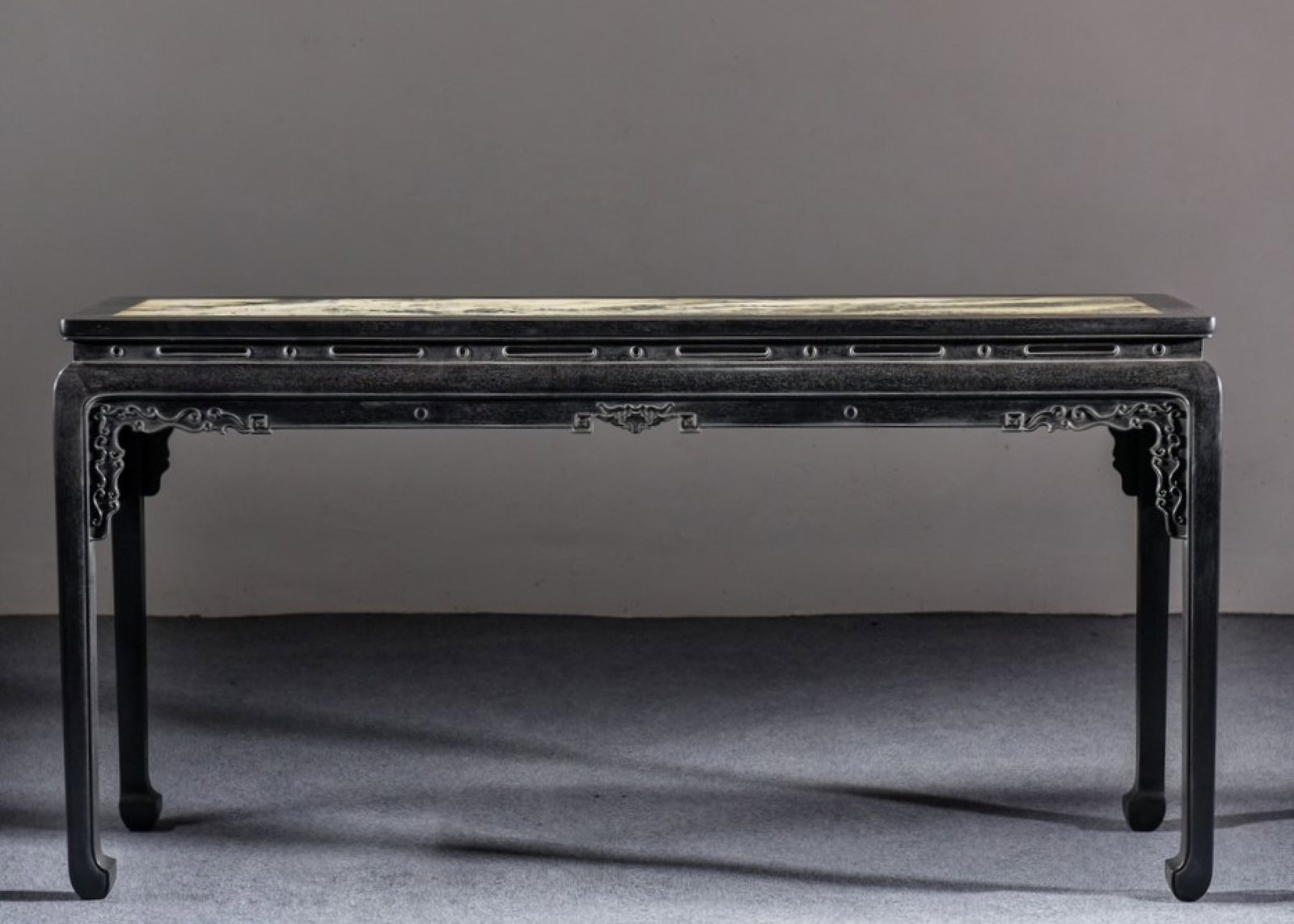 An Exquisite Zitanwood Inlaid Marble Long Table: An Exquisite Zitanwood Inlaid Marble Long Table ,Qing Dynasty, China,Size:62.2inx16.5inx32.3in 紫檀木嵌大理石条案 ,中国清代
