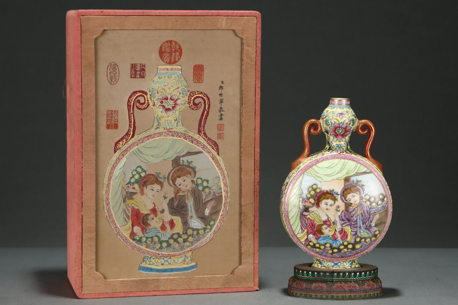 An Exquisite Enamel Character and Story Pattern Double-Ears Vase: An Exquisite Enamel Character and Story Pattern Double-Ears Vase,Qing Dynasty,China,Qianlong Six-character Mark,Size:8.3inx5.1in 珐琅彩人物故事纹双