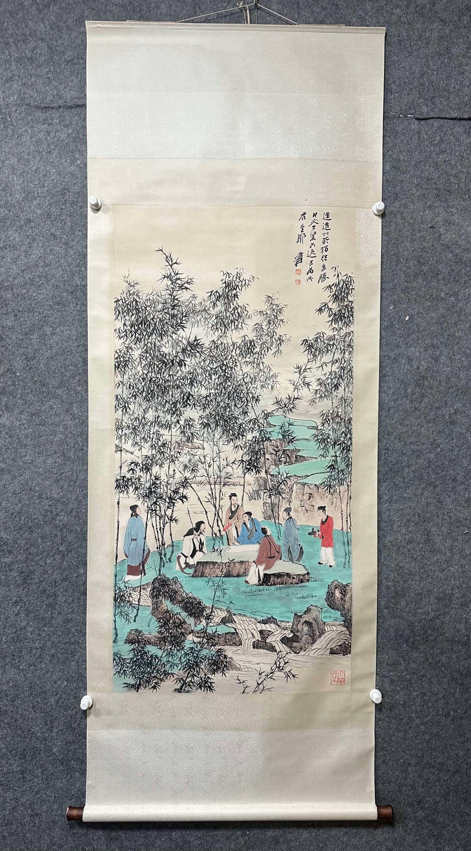 A Chinese Vertical Scroll Ink Painting of Character and Story on Paper: A Chinese Vertical Scroll Ink Painting of Character and Story on Paper,Zhang Daqian,Size:26.8inx53.9in 一幅中国水墨人物故事画立&
