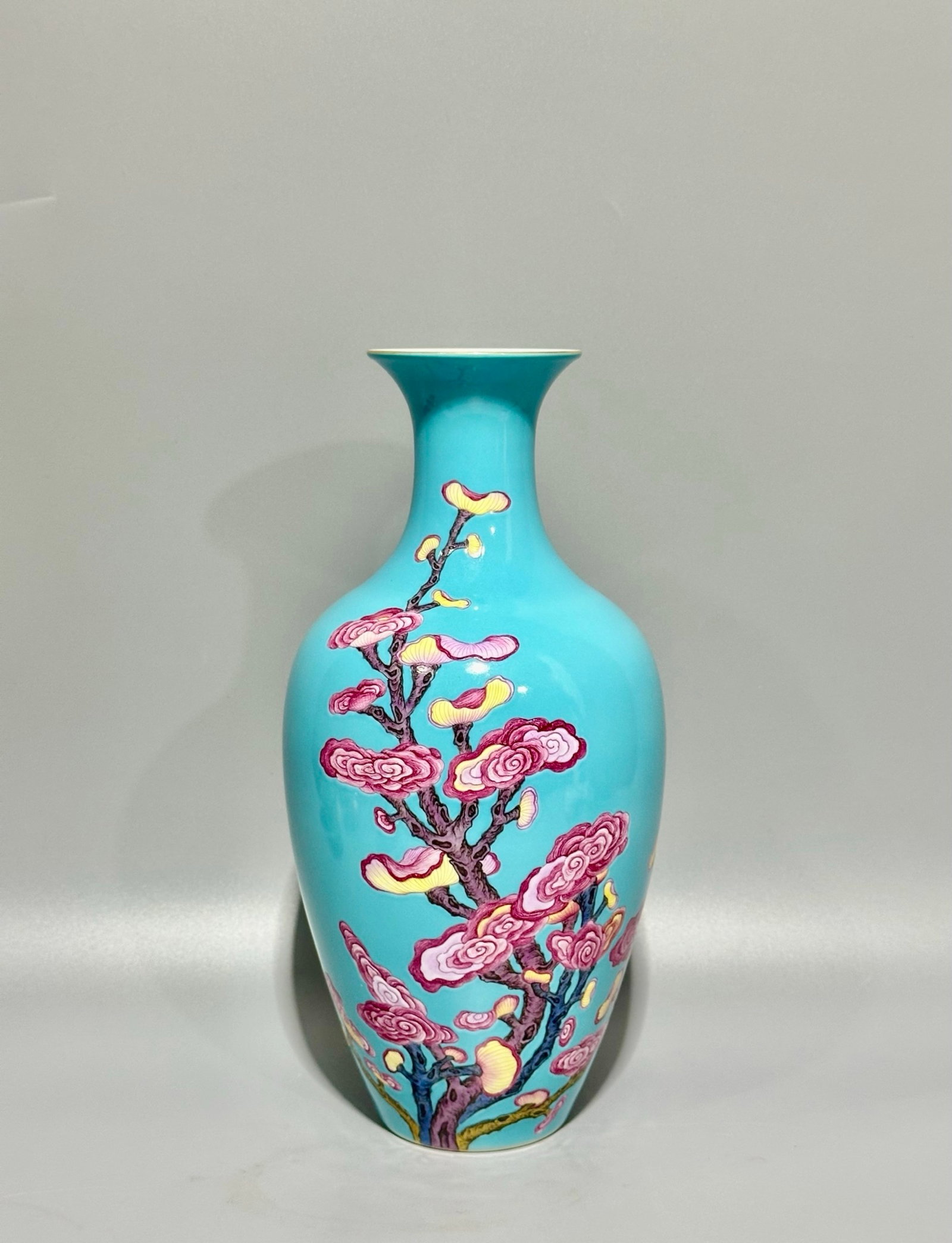 A Rare Turquoise Glazed Ganoderma lucidum Pattern Vase: A Rare Turquoise Glazed Ganoderma lucidum Pattern Vase,Qing Dynasty,China,Yongzheng Six-character Mark,Size:11.4inx3in 松石绿釉灵芝纹瓶,中国