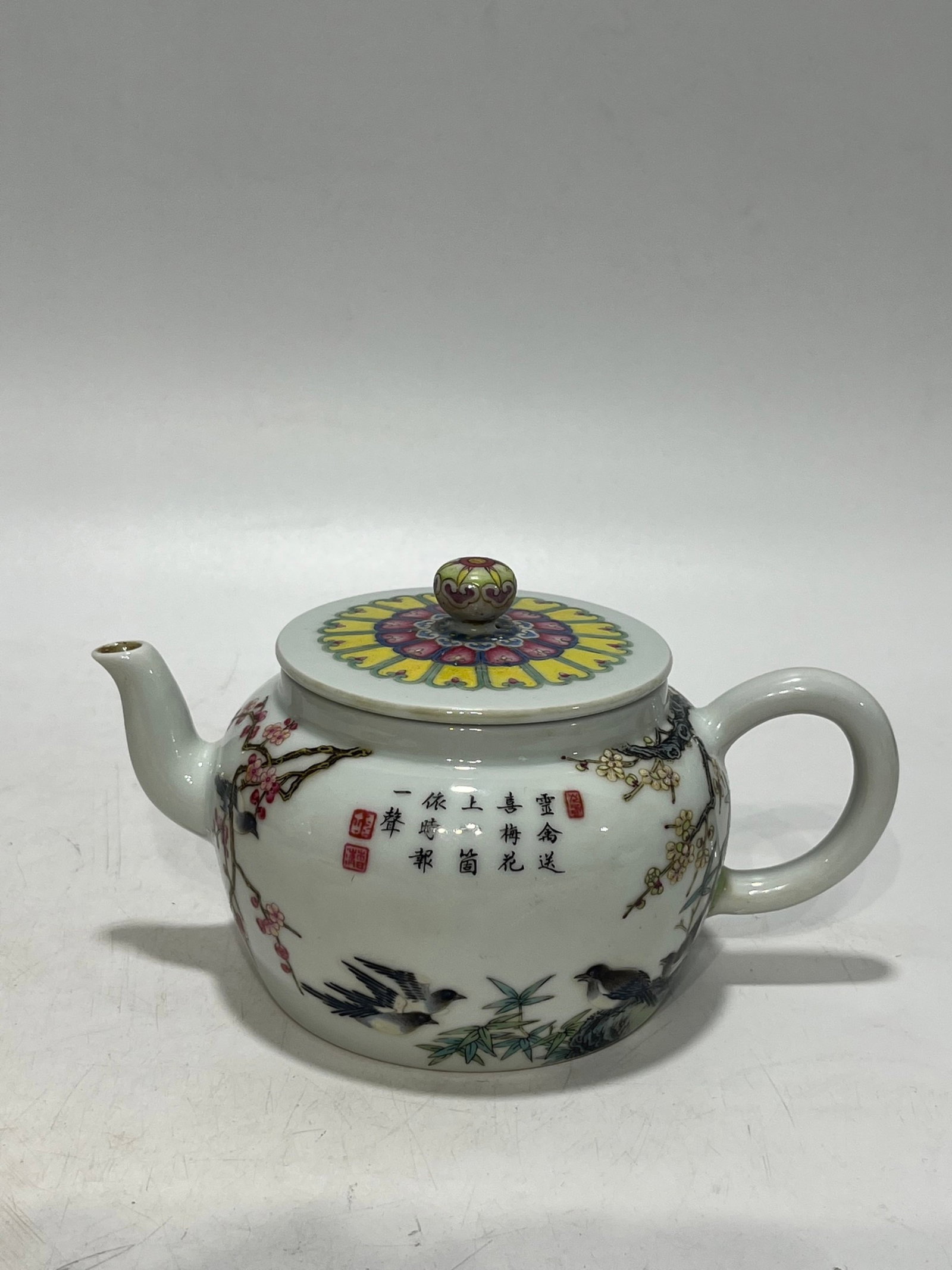 An Exquisite Famille-Rose Flower and Bird Pattern Teapot,with poem: An Exquisite Famille-Rose Flower and Bird Pattern Teapot,with poem,Qing Dynasty,China,Yongzheng Six-character Mark,Size:4.3in