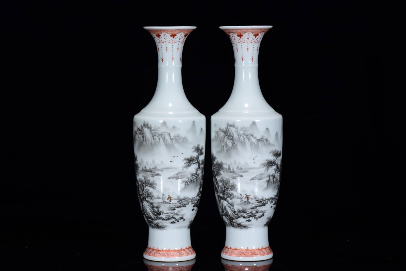 A Pair of Exquisite Ink Color Landscape Pattern Vases,with poem: A Pair of Exquisite Ink Color Landscape Pattern Vases,with poem,Qing Dynasty,China,Size:9.4inx3.1in 一对墨彩山水纹瓶,带诗文,中&#