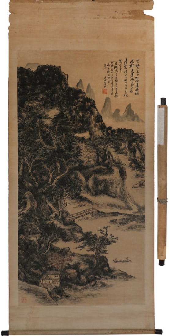 A Chinese Vertical Scroll Ink Painting of Landscape on Paper: A Chinese Vertical Scroll Ink Painting of Landscape on Paper,Huang Binhong,Size:53.9inx27.2in 一幅中国水墨山水画立轴,黄宾&