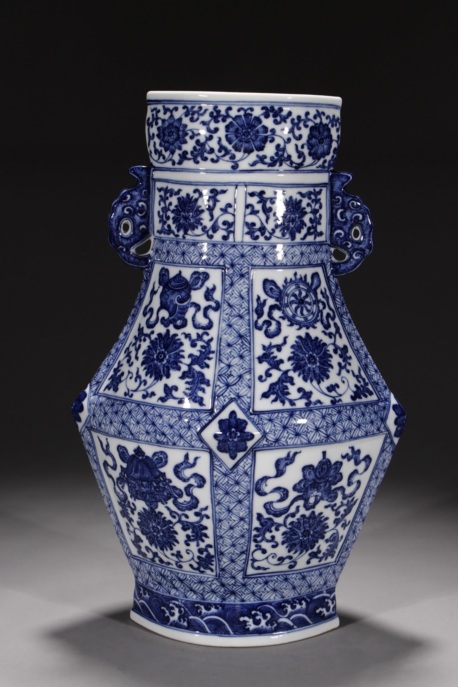 A Rare Blue and White Lotus Pattern Double-Ears Pot: A Rare Blue and White Lotus Pattern Double-Ears Pot,Qing Dynasty,China,Yongzheng Six-character Mark,Size:15.4in 青花缠枝莲纹双耳壶中国