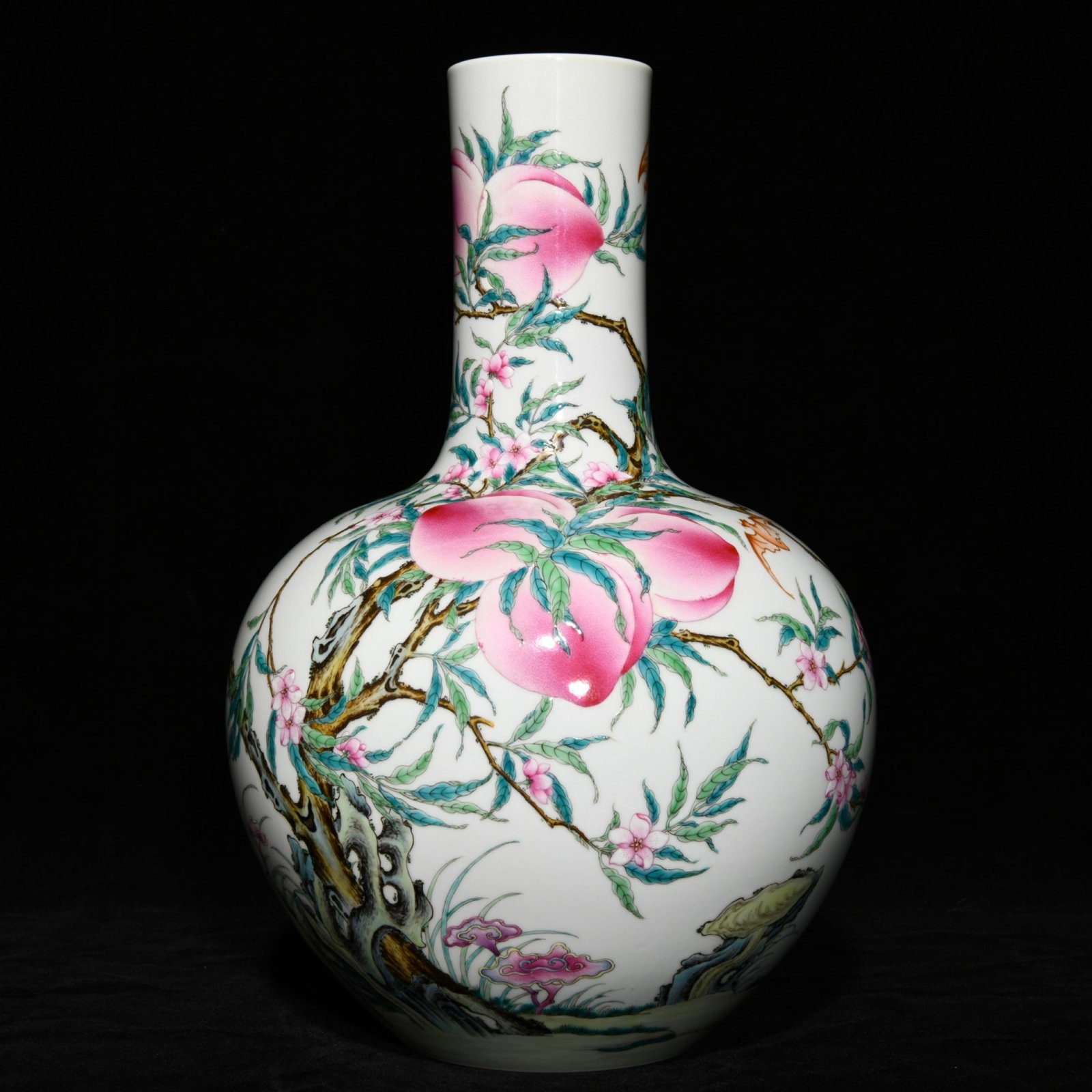 A Rare Famille-Rose Bats and Peach Pattern Vase: A Rare Famille-Rose Bats and Peach Pattern Vase,Qing Dynasty,China,Yongzheng Six-character Mark,Size:14.6inx9.6in