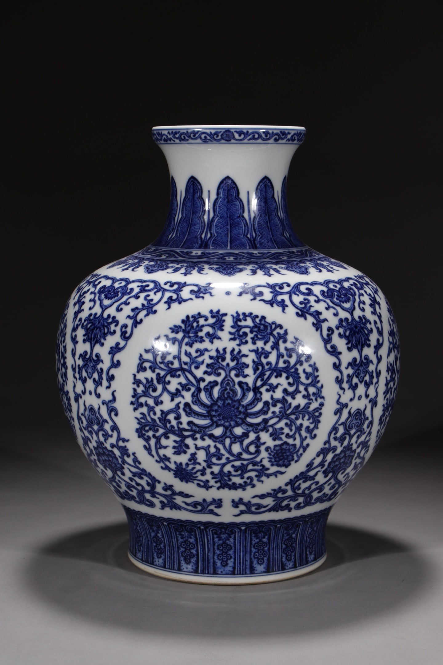 A Rare Blue and White Lotus Pattern Vase: A Rare Blue and White Lotus Pattern Vase,Qing Dynasty,China,Qianlong Six-character Mark,Size:13.6in 青花缠枝莲纹瓶,中国清代,乾&#