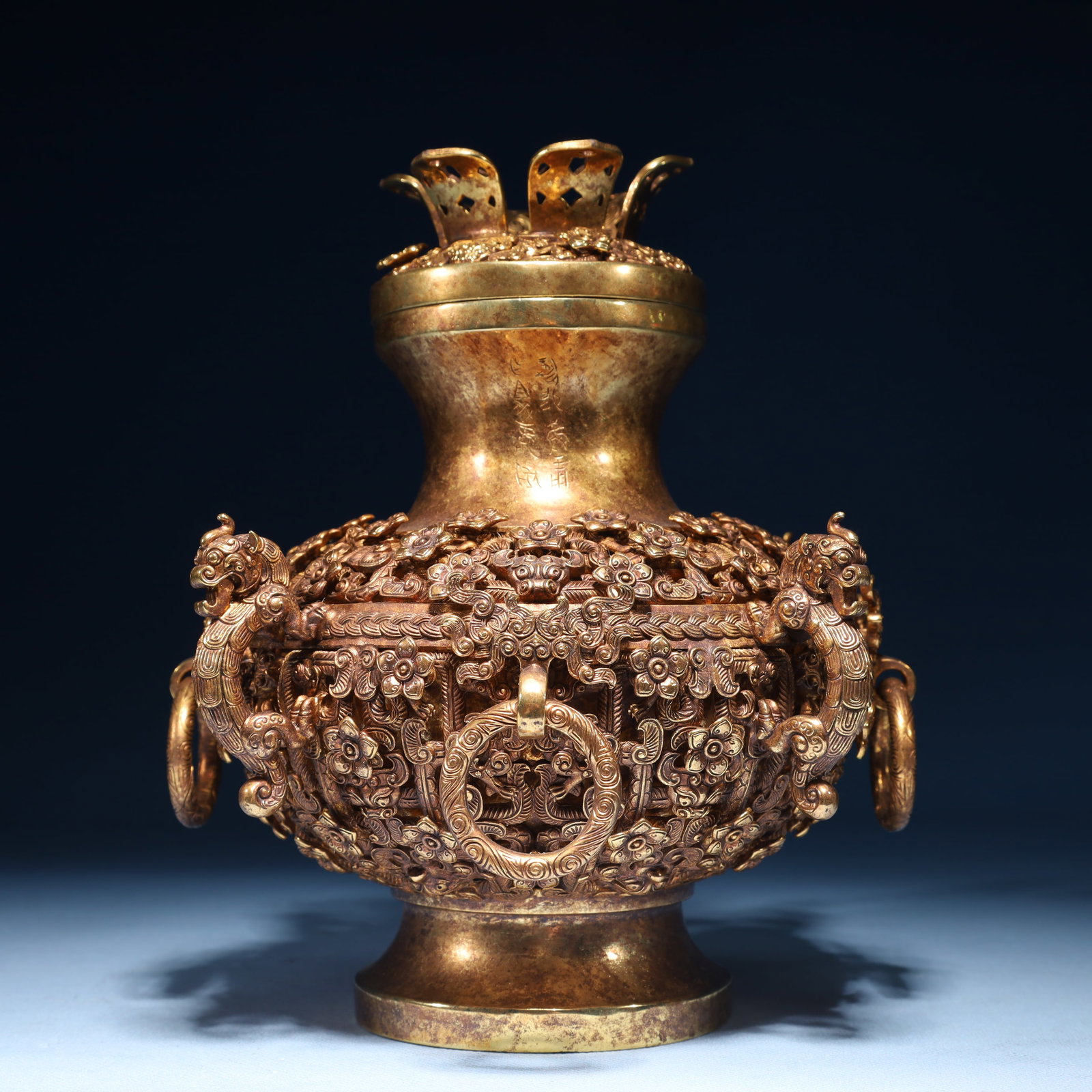 An Exquisite Gilt Bronze Flower Pattern Beast-Ears Jar with Cover: An Exquisite Gilt Bronze Flower Pattern Beast-Ears Jar with Cover,Qing Dynasty,China,Size:7.9inx8.3in,Weight:2000g 铜鎏金花卉纹兽耳盖罐,