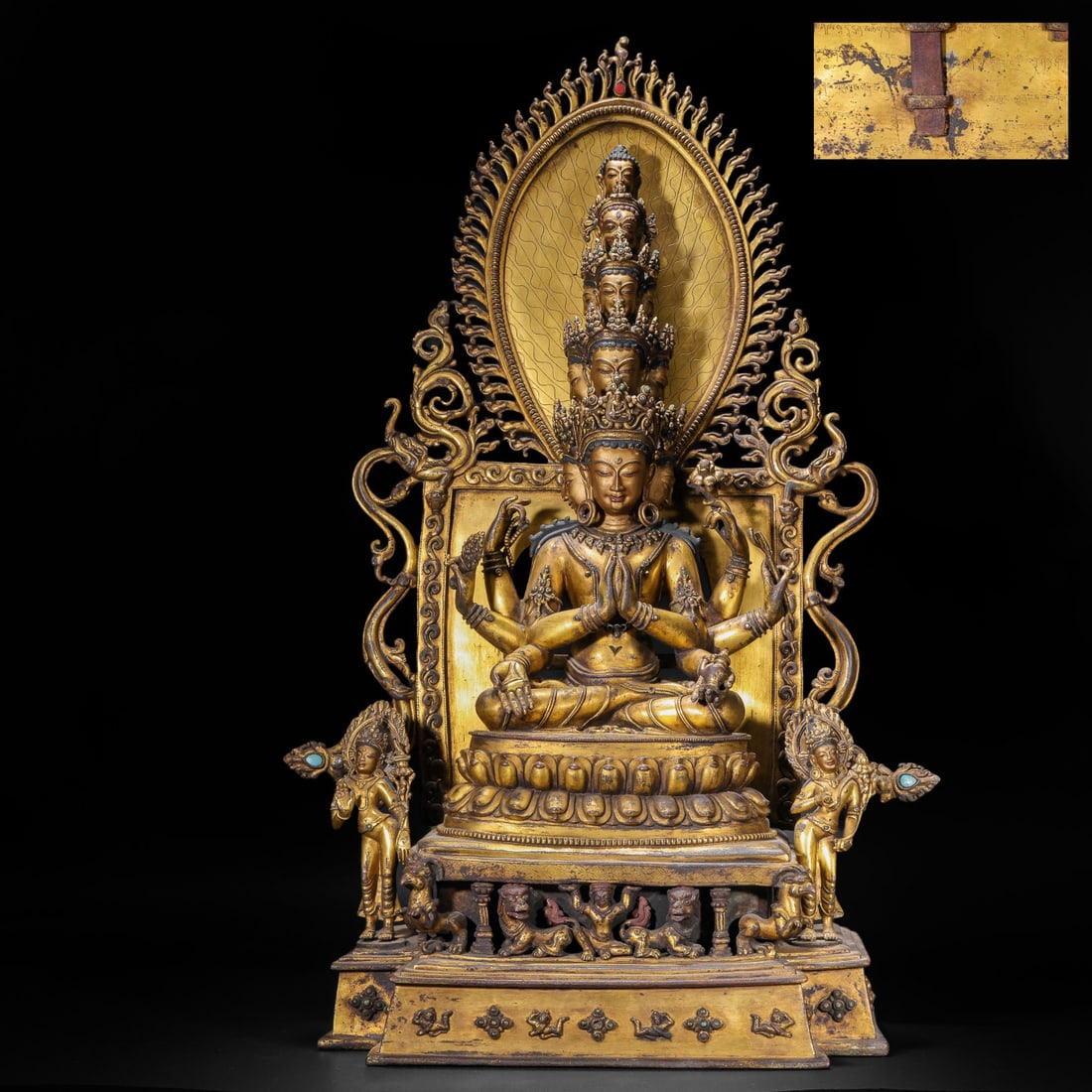 A Solemn Gilt Bronze Statue of Eleven-Headed and Six-Armed Guanyin,With Inscription: A Solemn Gilt Bronze Statue of Eleven-Headed and Six-Armed Guanyin,With Inscription,Ming Dynasty,China,Size:17.7inx8.7inx26.4in,Weight:18850g 铜鎏金十一面六&#
