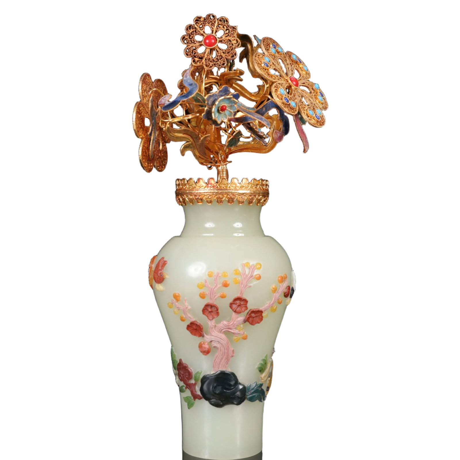 An Exquisite White Jade Inlaid Gems Flower Pattern Vase: An Exquisite White Jade Inlaid Gems Flower Pattern Vase,Qing Dynasty,China,Size:3.9inx11.4in,Weight:750g 白玉嵌百宝花卉纹瓶,中国଀