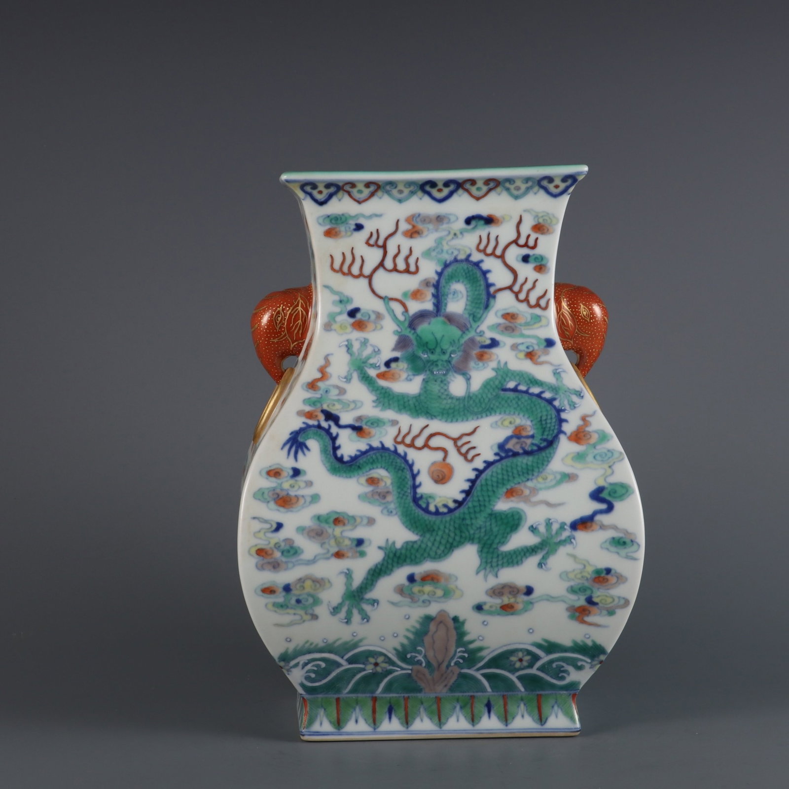 An Exquisite Doucai Auspicious Cloud and Dragon Pattern Elephant-Ears Vase: An Exquisite Doucai Auspicious Cloud and Dragon Pattern Elephant-Ears Vase,Qing Dynasty,China,Qianlong Six-character Mark,Size:10.6inx7.5in 斗彩祥云龙纹象 