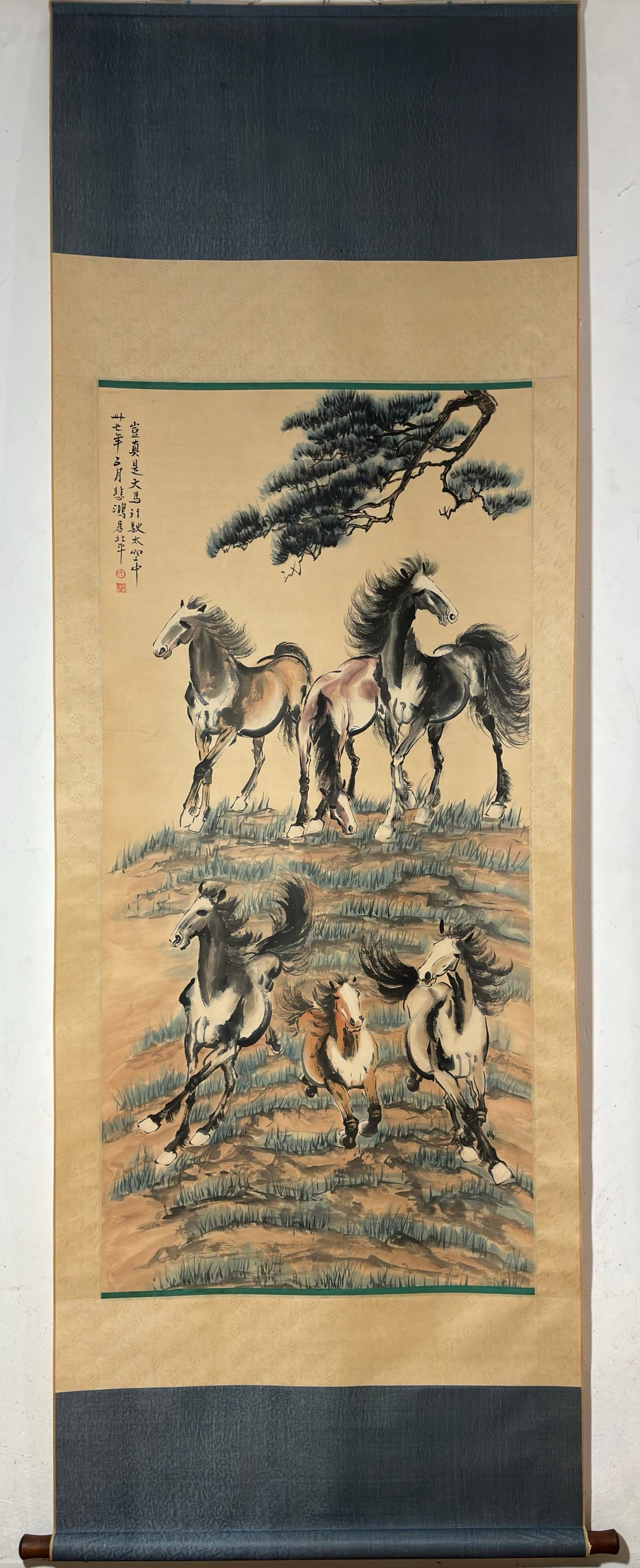 A Chinese Vertical Scroll Ink Painting of Horse on Paper: A Chinese Vertical Scroll Ink Painting of Horse on Paper,Xu Beihong,Size:53.9inx26in 一幅中国水墨骏马画立轴,徐悲鸿