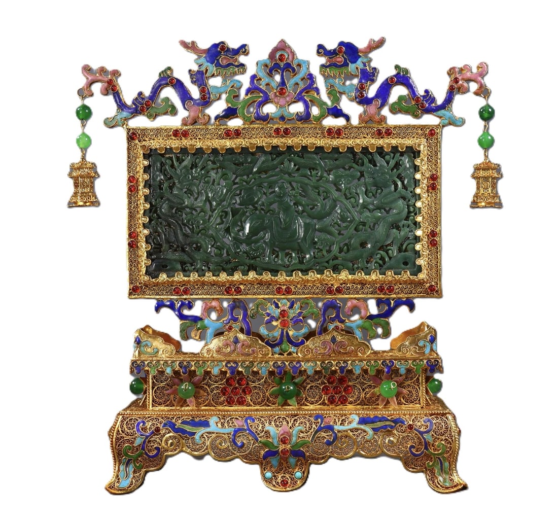 An Exquisite Filigree and Gilding Inlaid Jasper Character and Story Pattern Screen: An Exquisite Filigree and Gilding Inlaid Jasper Character and Story Pattern Screen,Qing Dynasty,China,Qianlong Four-character Mark,Size:12.4inx11.4inx3.3in,Weight:1420g 花丝鎏金