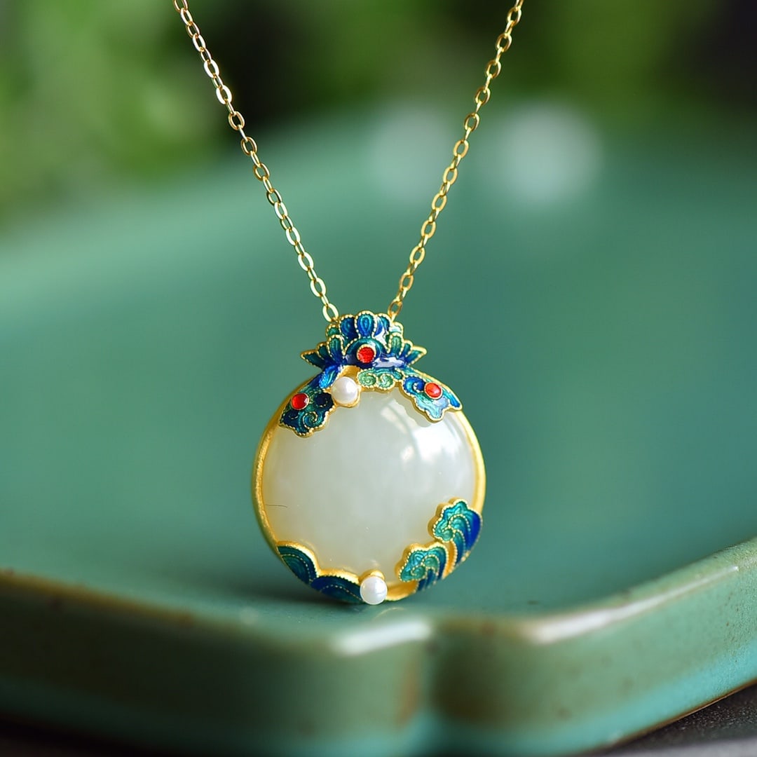 An Exquisite Sterling Silver-Gold Plated Inlaid White Jade Pendant (1 of 5)