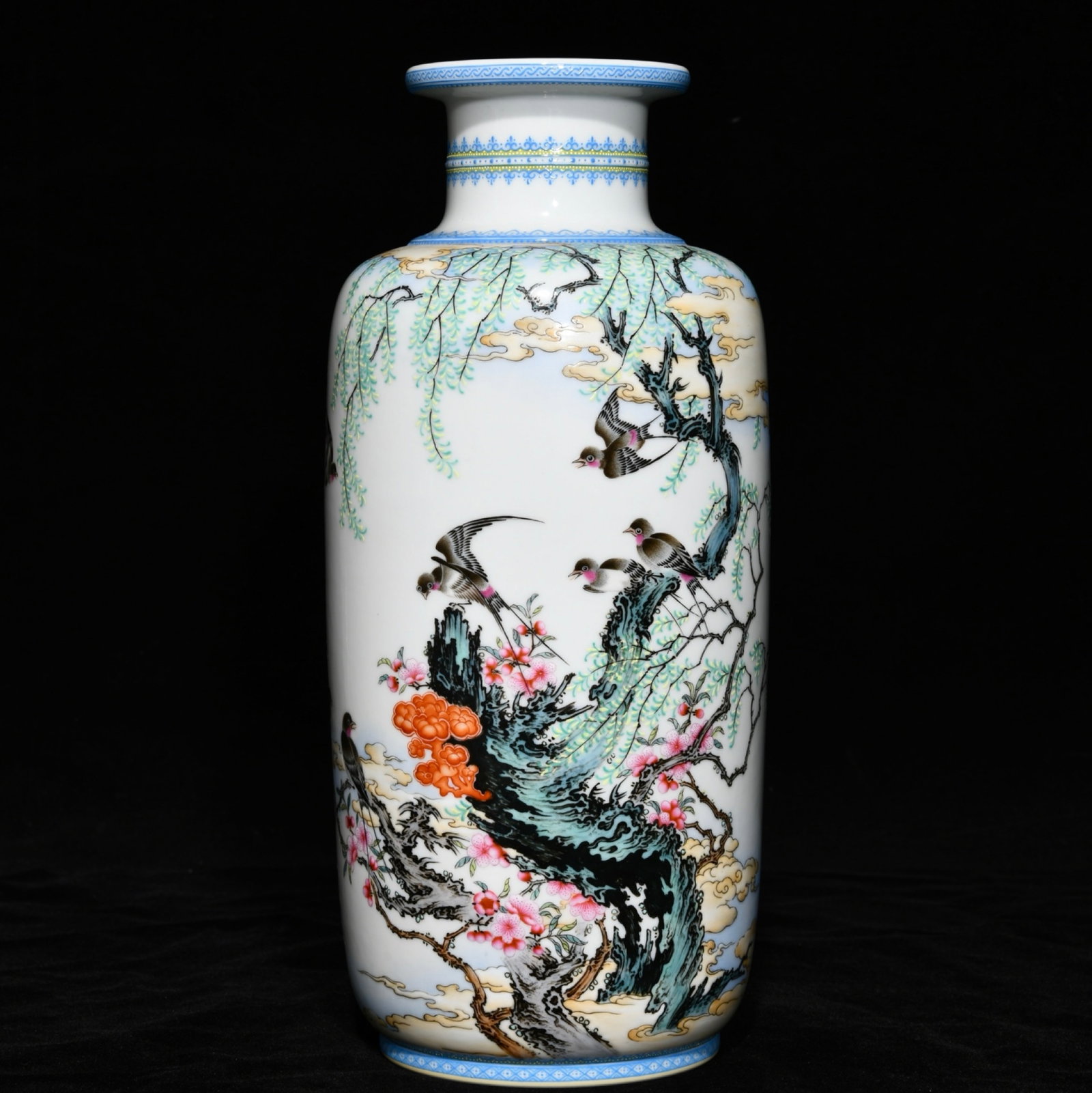 An Exquisite Enamel Flower and Bird Pattern Vase,with poem: An Exquisite Enamel Flower and Bird Pattern Vase,with poem,Qing Dynasty,China,Yongzheng Six-character Mark,Size:10.9inx4.9in 珐琅彩花鸟纹瓶,带诗&#