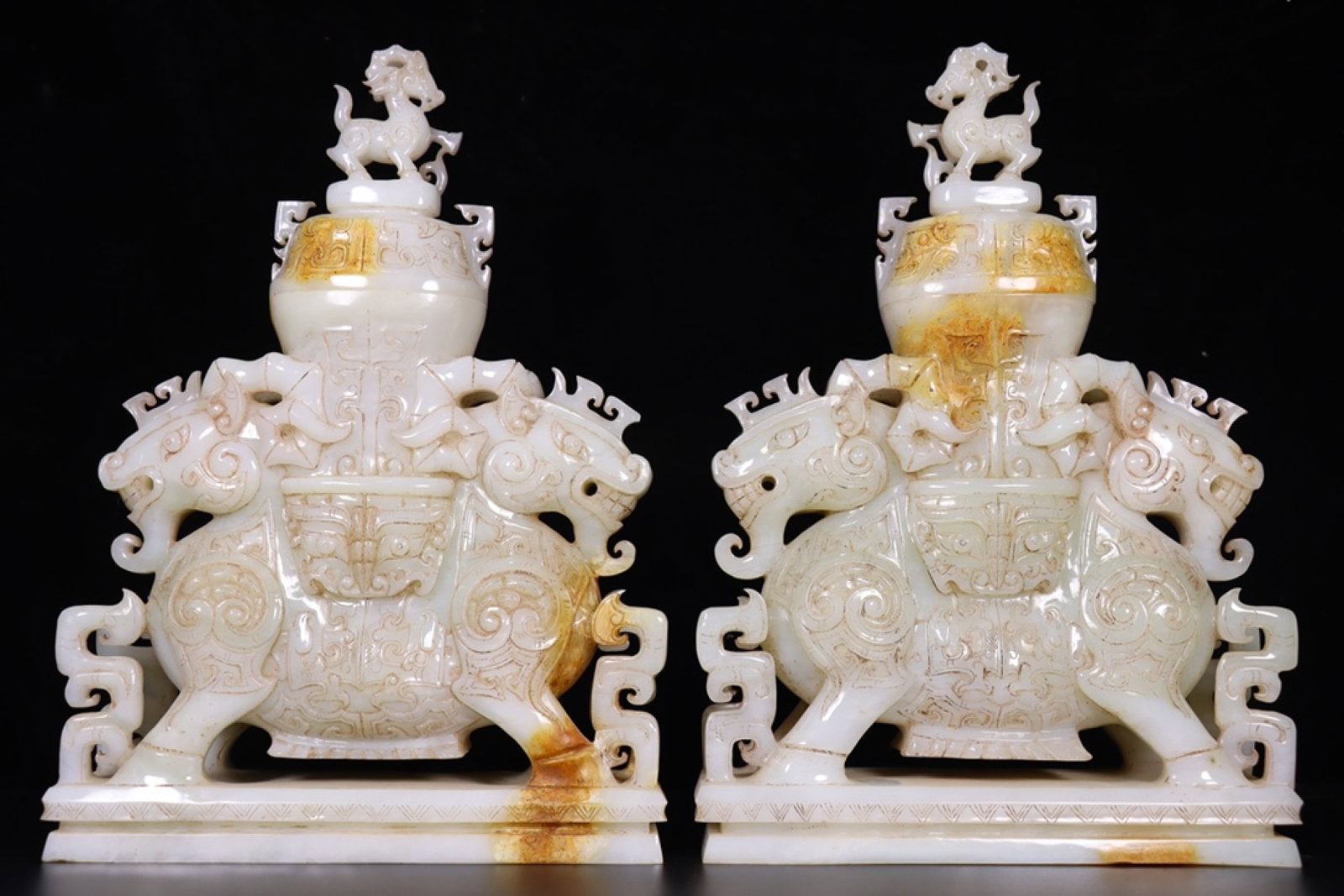 A Pair of Rare Beast Pattern Vases: A Pair of Rare Beast Pattern Vases,Qing Dynasty, China,Size:9.4inx3.1inx13.4in,Weight:5831g*2 一对兽纹瓶,中国清代