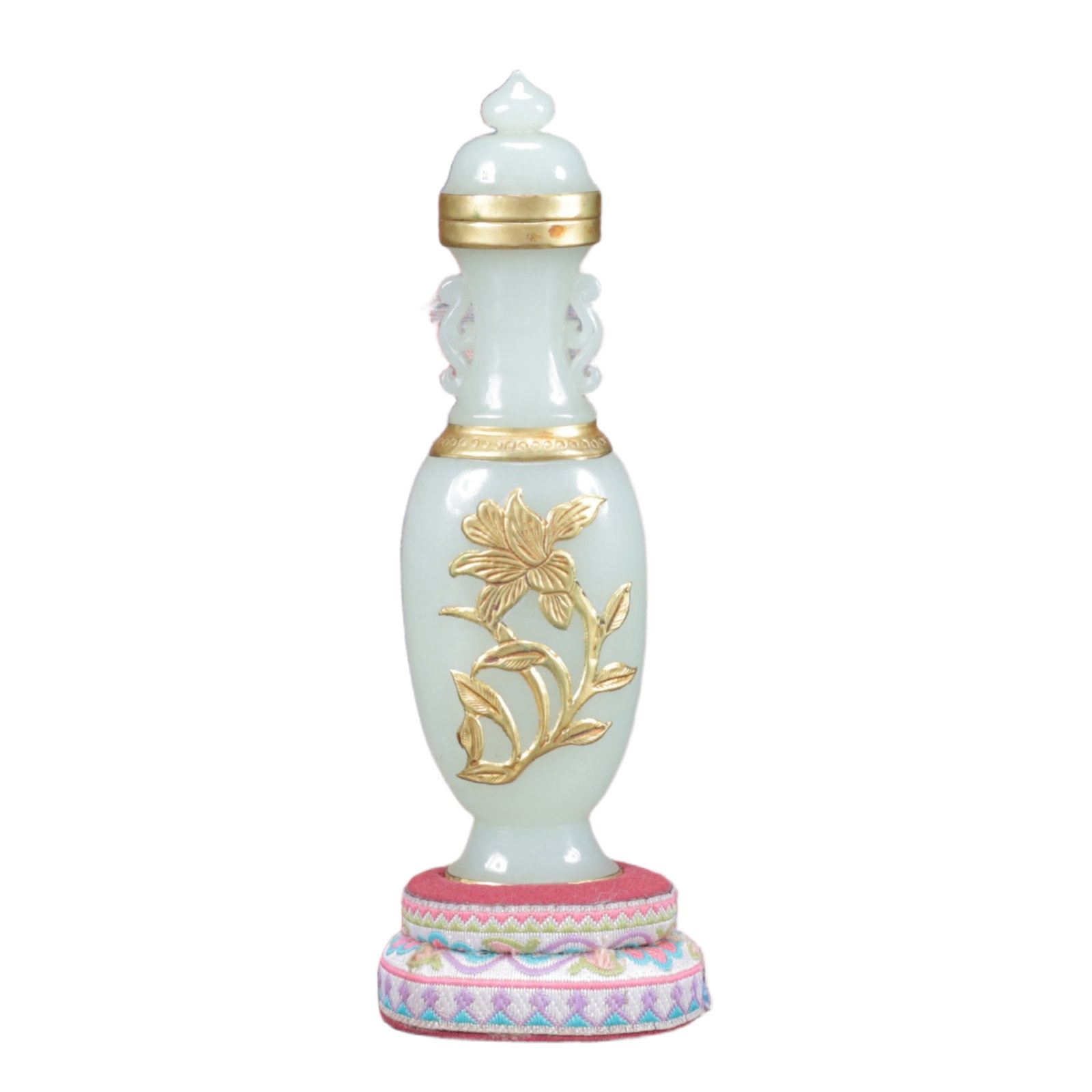 An Exquisite White Jade Cover with Gold Flower Pattern Double-Ears Bottle: An Exquisite White Jade Cover with Gold Flower Pattern Double-Ears Bottle,Qing Dynasty,China,Size:(Bottle)2inx1.2inx6.1in,(Box)10.2inx4.3inx3.1in,Weight:138g 白玉包金花&#