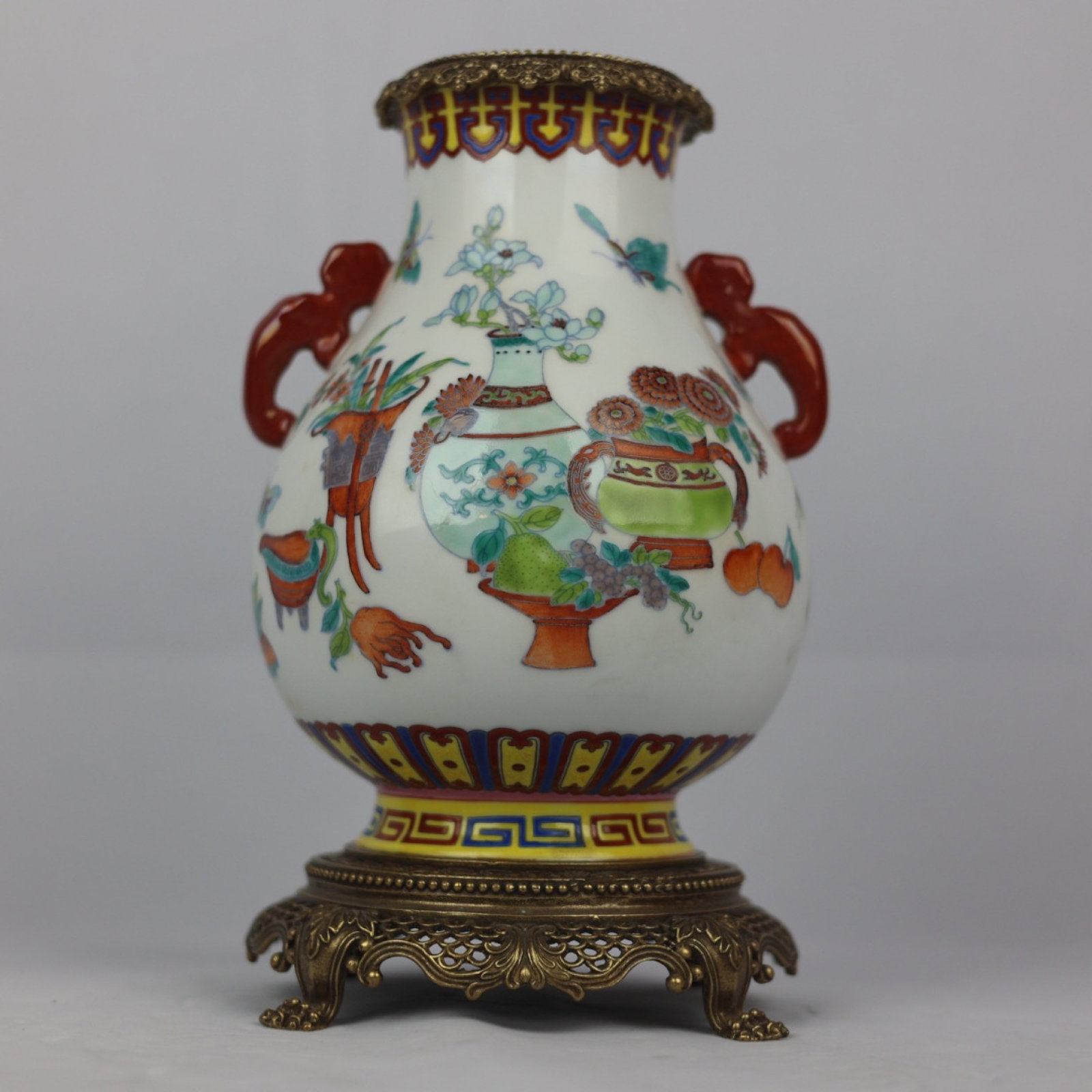 An Exquisite Famille-Rose Inlaid Bronze Flower and Butterfly Pattern Double-Ears Vase: An Exquisite Famille-Rose Inlaid Bronze Flower and Butterfly Pattern Double-Ears Vase,Qing Dynasty,China,Qianlong Six-character Mark,Size:10inx6.7in