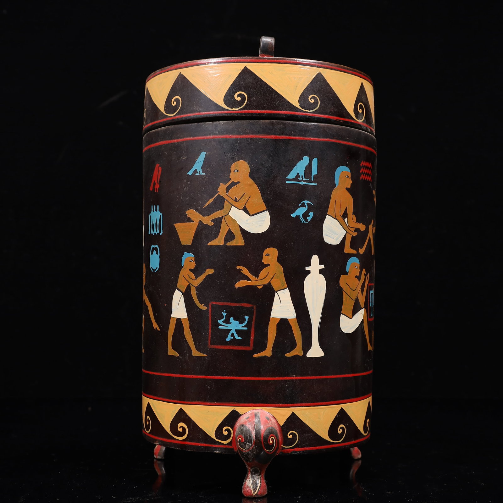 An Exquisite Black Lacquer Painted Color Figure Pattern Tripod Box with Cover: An Exquisite Black Lacquer Painted Color Figure Pattern Tripod Box with Cover,Qing Dynasty, China,Size:6.3inx10.6in,Weight:800g 黑漆彩绘人物纹三足