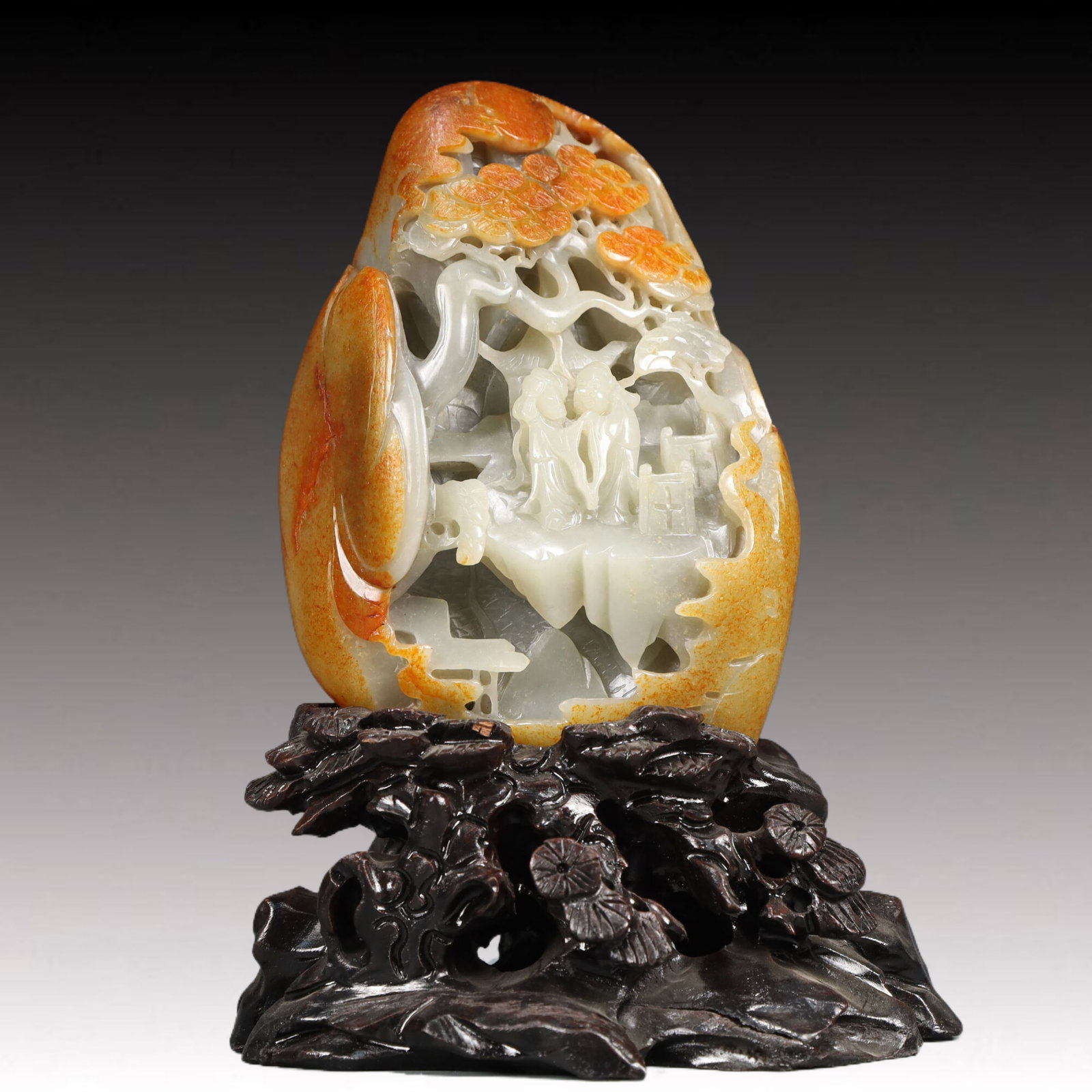 An Exquisite Cyan jade Landscape and Figure Pattern Ornament: An Exquisite Cyan jade Landscape and Figure Pattern Ornament,Qing Dynasty, China,Size:4.7inx2inx7.1in Weight:1750g 青玉山水人物纹摆件,中