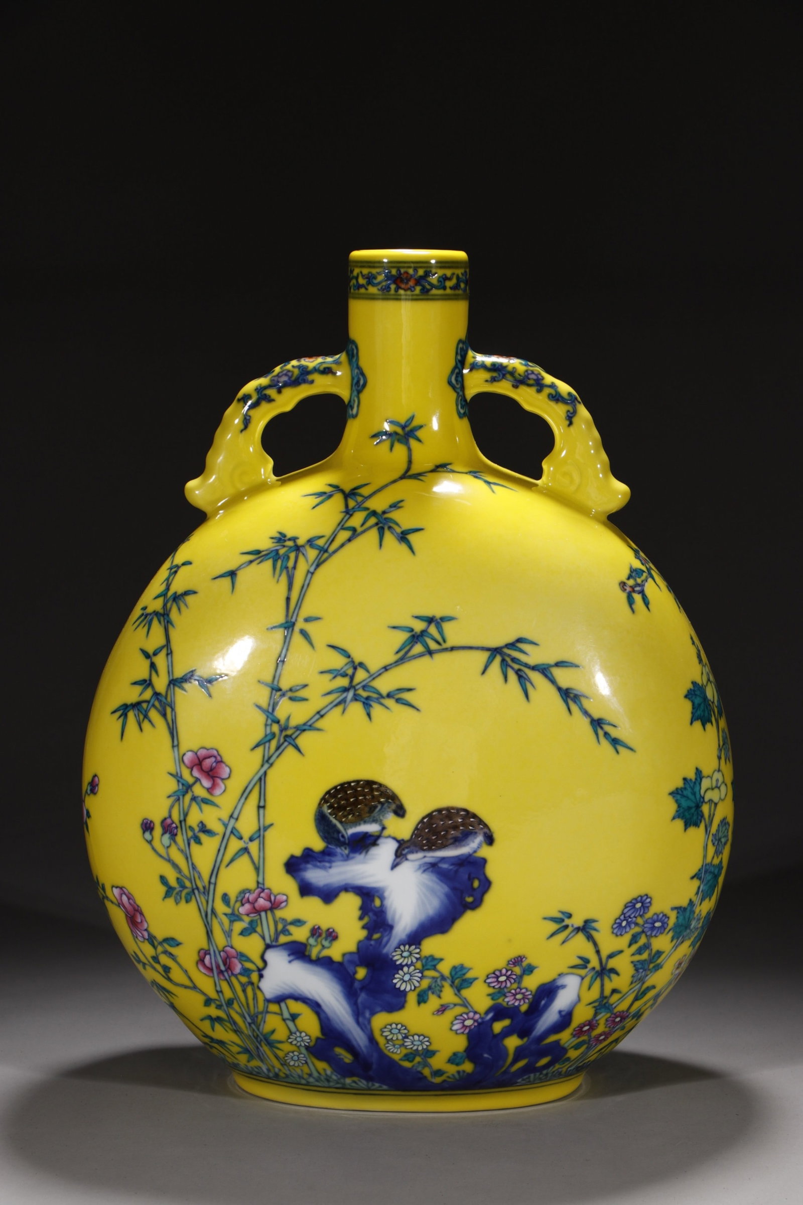 A Rare Yellow Ground Jiacai Flower and Bird Pattern Double-Ears Pot: A Rare Yellow Ground Jiacai Flower and Bird Pattern Double-Ears Pot,Qing Dynasty,China,Yongzheng Six-character Mark,Size:14in