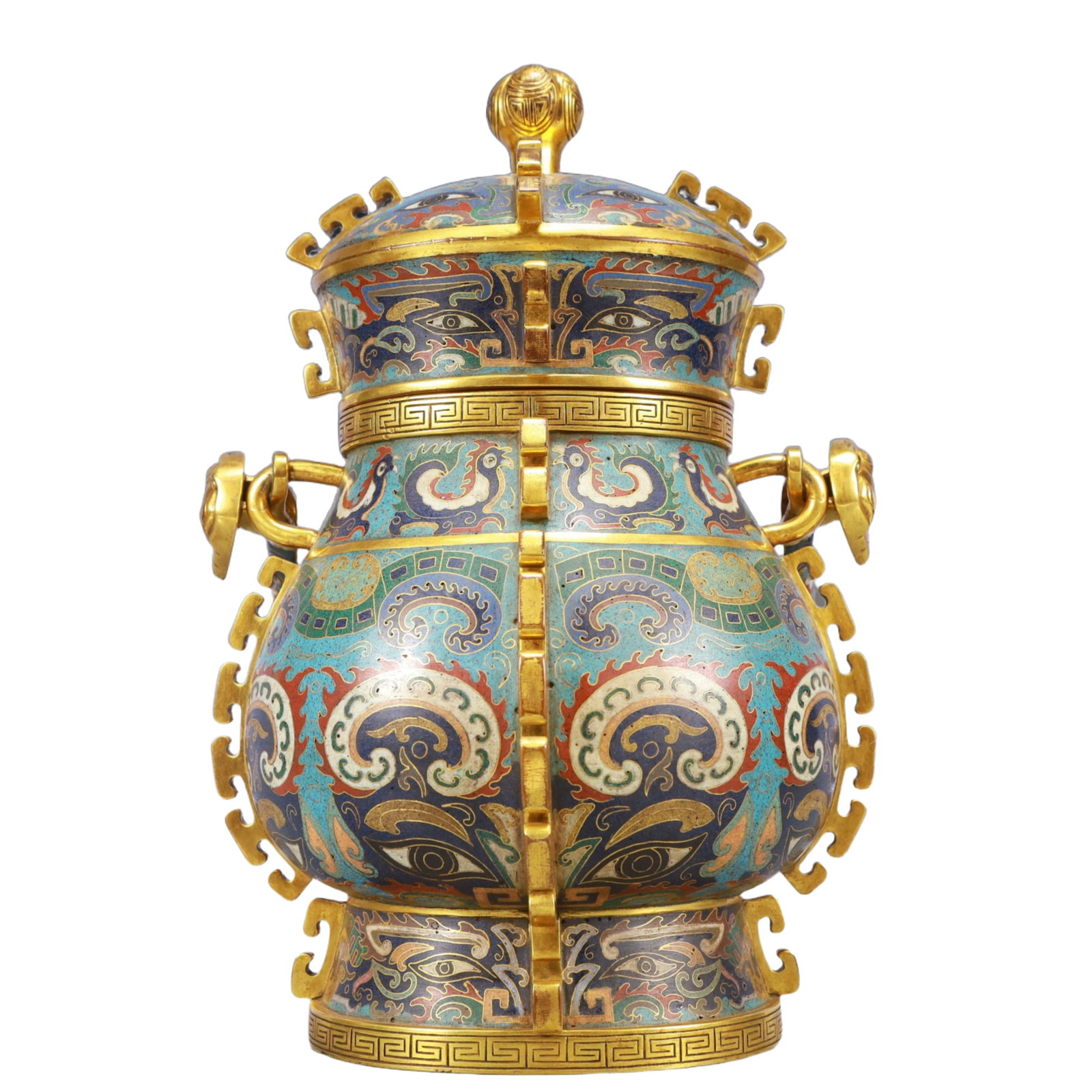 A Rare Cloisonne Beast-Face Pattern Double-Ears Jar, With Cover: A Rare Cloisonne Beast-Face Pattern Double-Ears Jar, With Cover,Qing Dynasty, China,Qianlong Four-character Mark,Size:8.7inx7.9inx14.2in,Weight:4350g