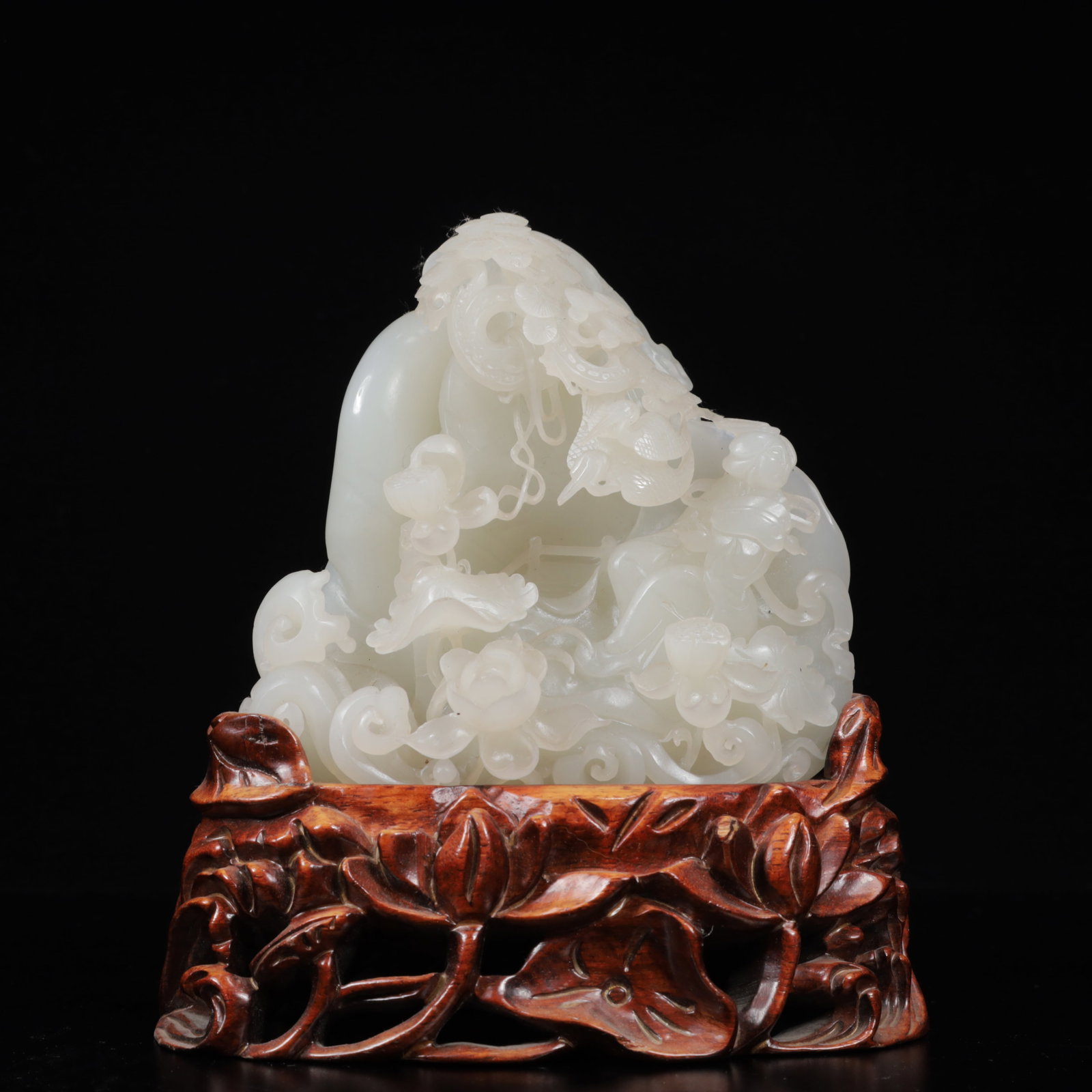 An Exquisite White Jade Flower and Bird Pattern Ornament,with Base: An Exquisite White Jade Flower and Bird Pattern Ornament,with Base,Qing Dynasty, China,Size:5.1inx2inx4.9in,Weight:950g 白玉花鸟纹摆件,带底座
