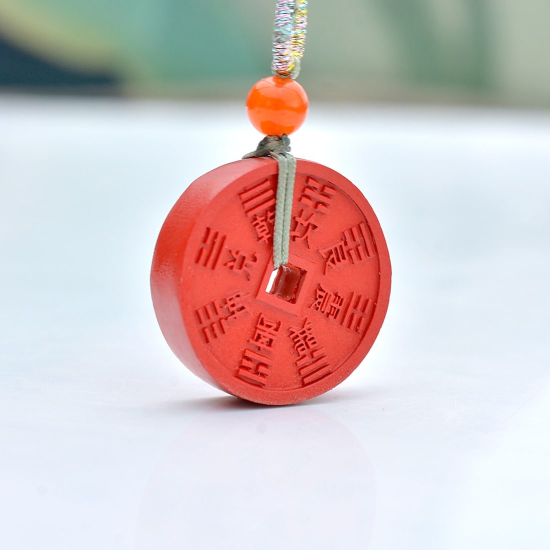An Exquisite Cinnabar Trigram Pattern Pendant: An Exquisite Cinnabar Trigram Pattern Pendant,Size:0.7inx0.7in (寓意)吉祥招财喜庆、驱邪避凶、安神明