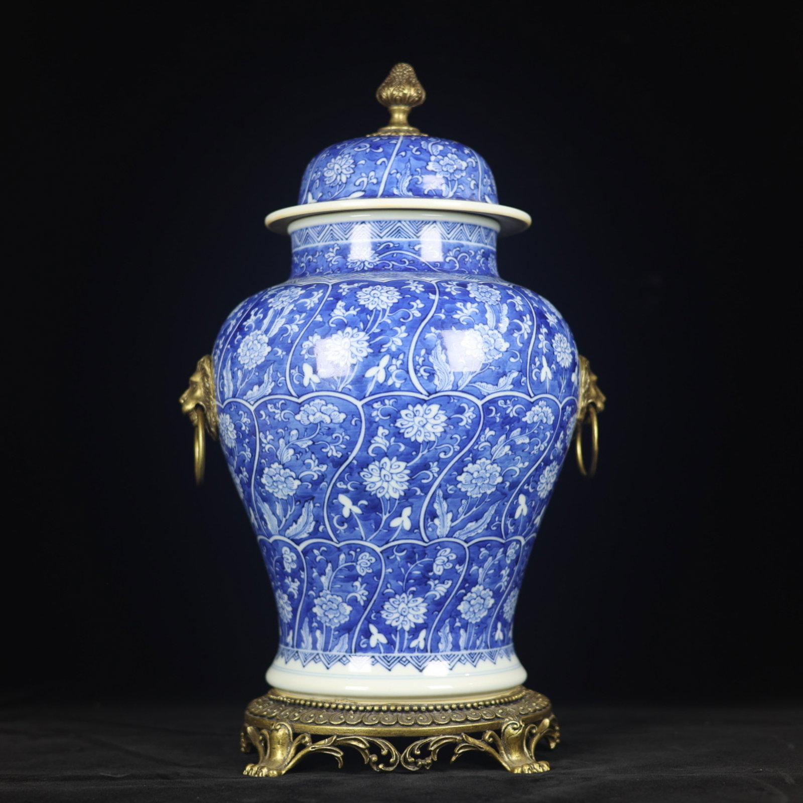A Huge Blue and White Inlaid Bronze Lotus Pattern Lion-Ears Jar with Cover: A Huge Blue and White Inlaid Bronze Lotus Pattern Lion-Ears Jar with Cover,Qing Dynasty,China,Size:18.1inx5.5inx10.6inx8.3in 青花镶铜缠枝莲纹狮