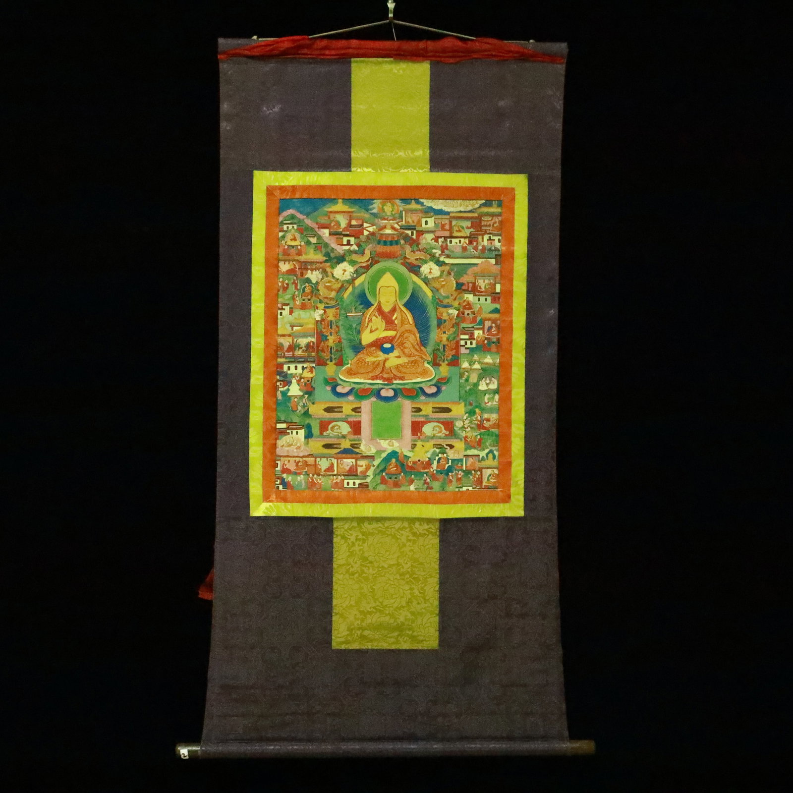 A Rare Brocade Painted Color Statue of Tsongkhapa Tangka: A Rare Brocade Painted Color Statue of Tsongkhapa Tangka,Qing Dynasty, China,Size:24inx48in