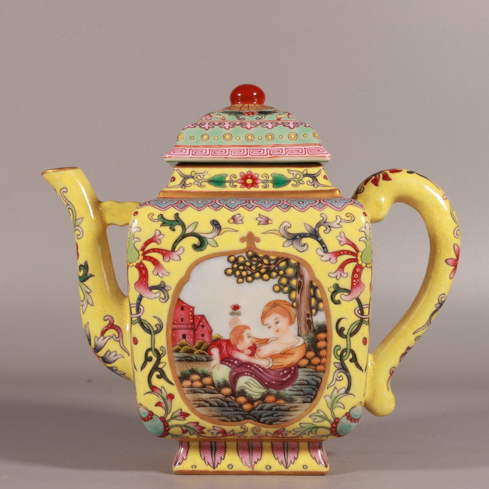 An Exquisite Yellow Ground Enamel Character and Story Pattern Teapot: An Exquisite Yellow Ground Enamel Character and Story Pattern Teapot,Qing Dynasty,China,Yongzheng Four-character Mark,Size:6.3inx3.7in 黄地珐琅彩人物故&