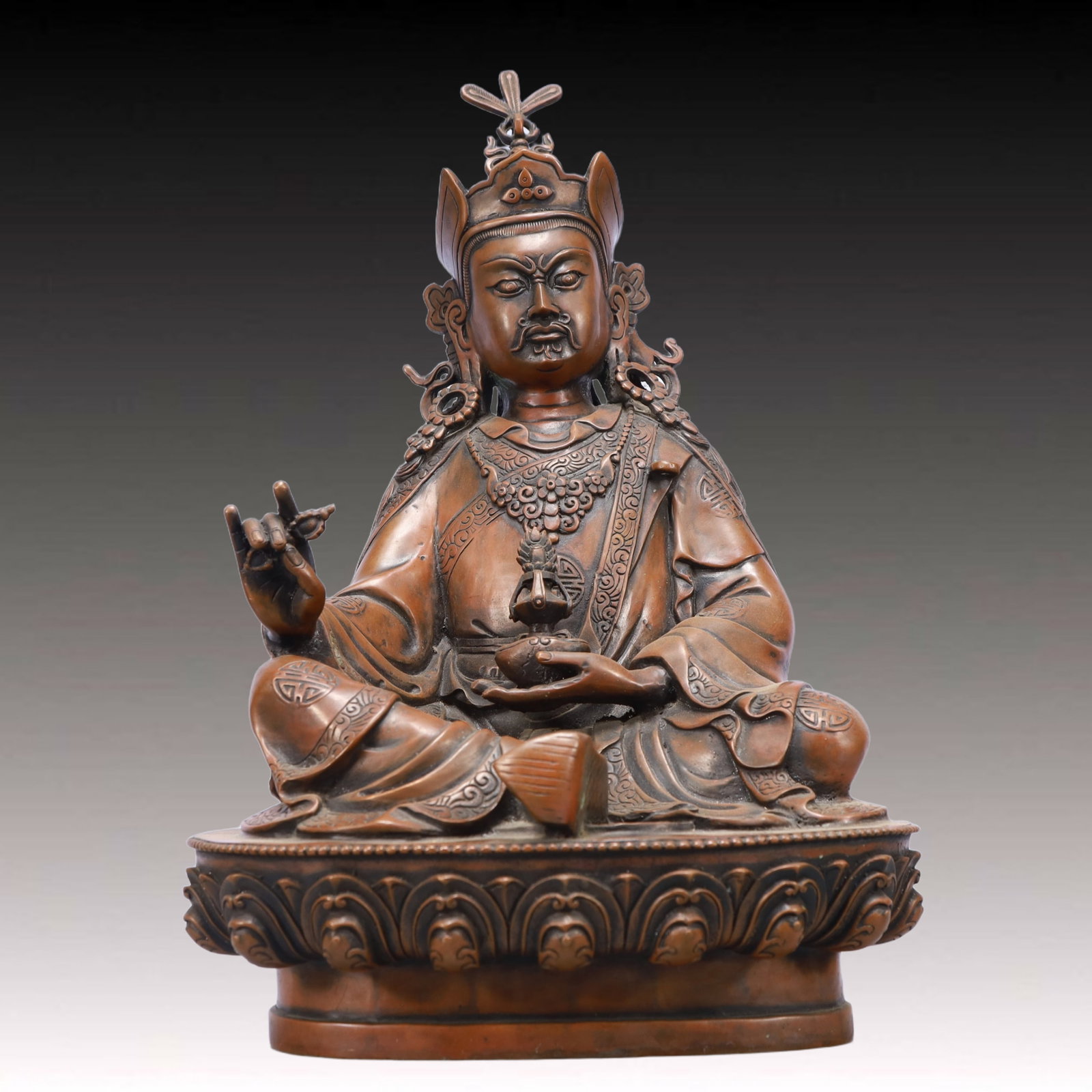 A Solemn Bronze Statue of Padma Sambhava: A Solemn Bronze Statue of Padma Sambhava,Ming Dynasty, China,Size:10.6inx8.7inx17.7in,Weight:6950g 铜莲花生大士像,中国明代