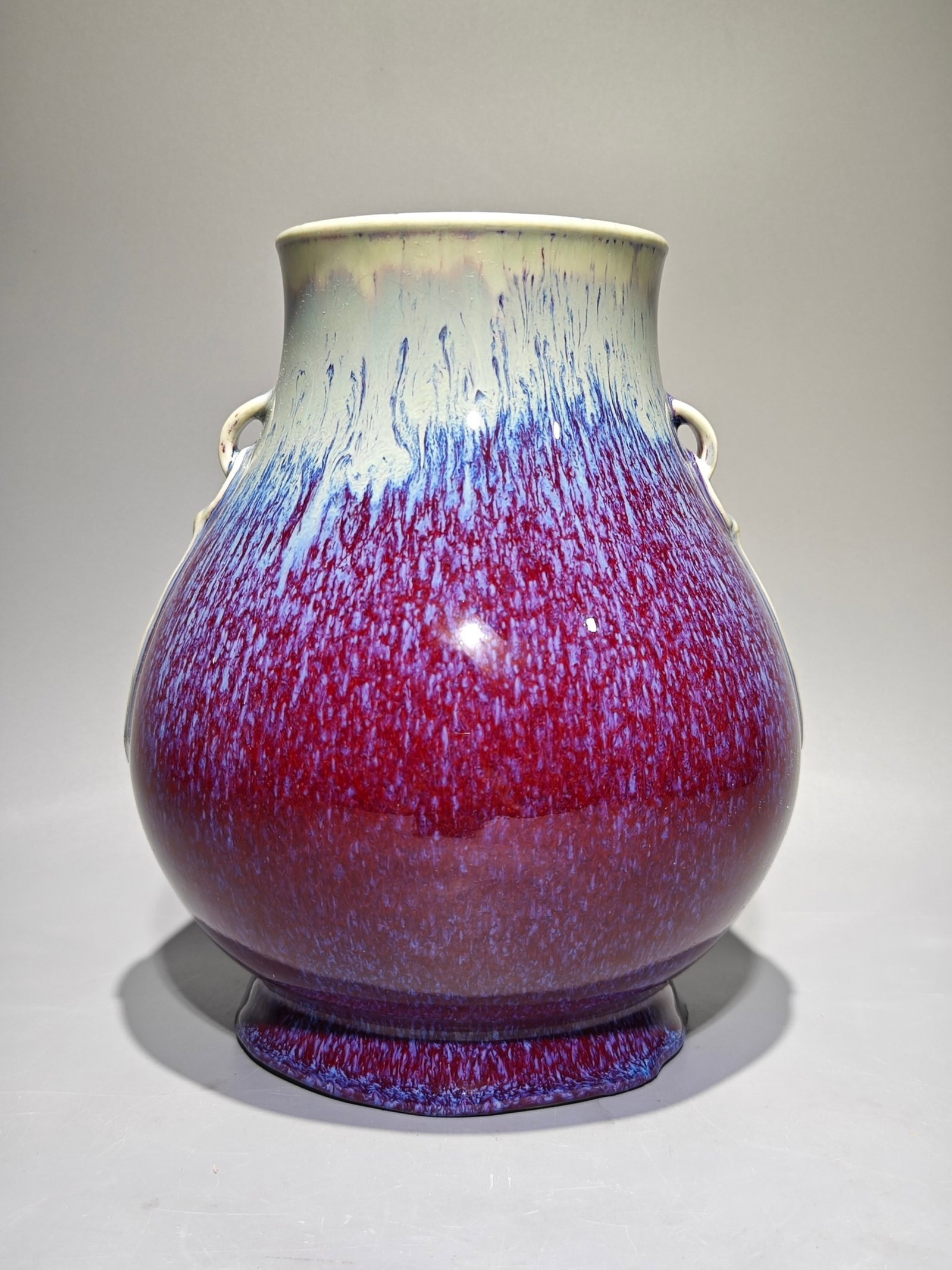 An Exquisite Flambe Glazed Double-Ears Jar: An Exquisite Flambe Glazed Double-Ears Jar,Qing Dynasty,China,Yongzheng Four-character Mark,Size:9.1inx7.9in 窑变釉双耳罐,中国清代,雍&