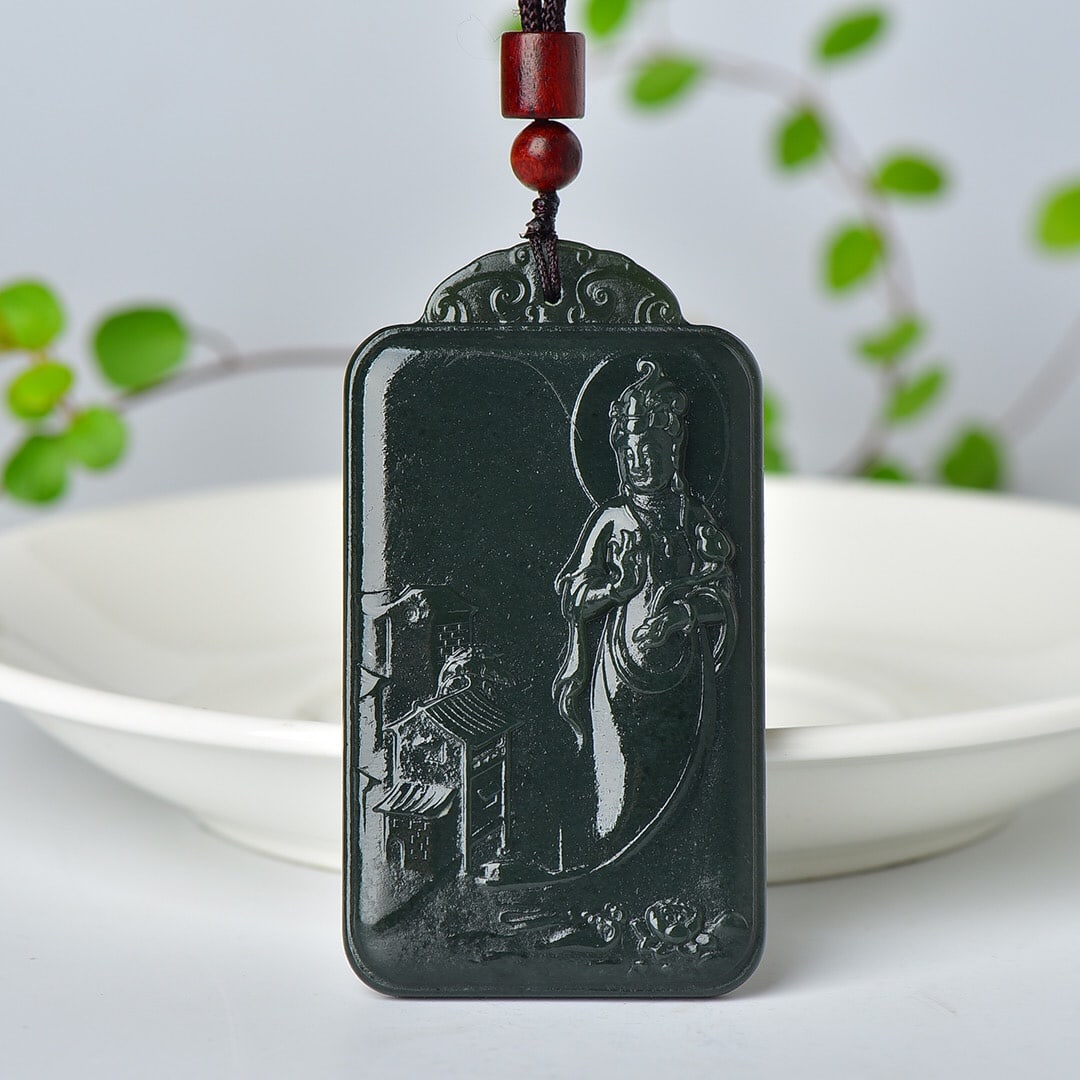 An Exquisite Sapphire Avalokitesvara Pattern Pendant: An Exquisite Sapphire Avalokitesvara Pattern Pendant,Size:1.6inx2.8in 寓意:寓意吉祥 玉脂温润 青玉观音像纹
