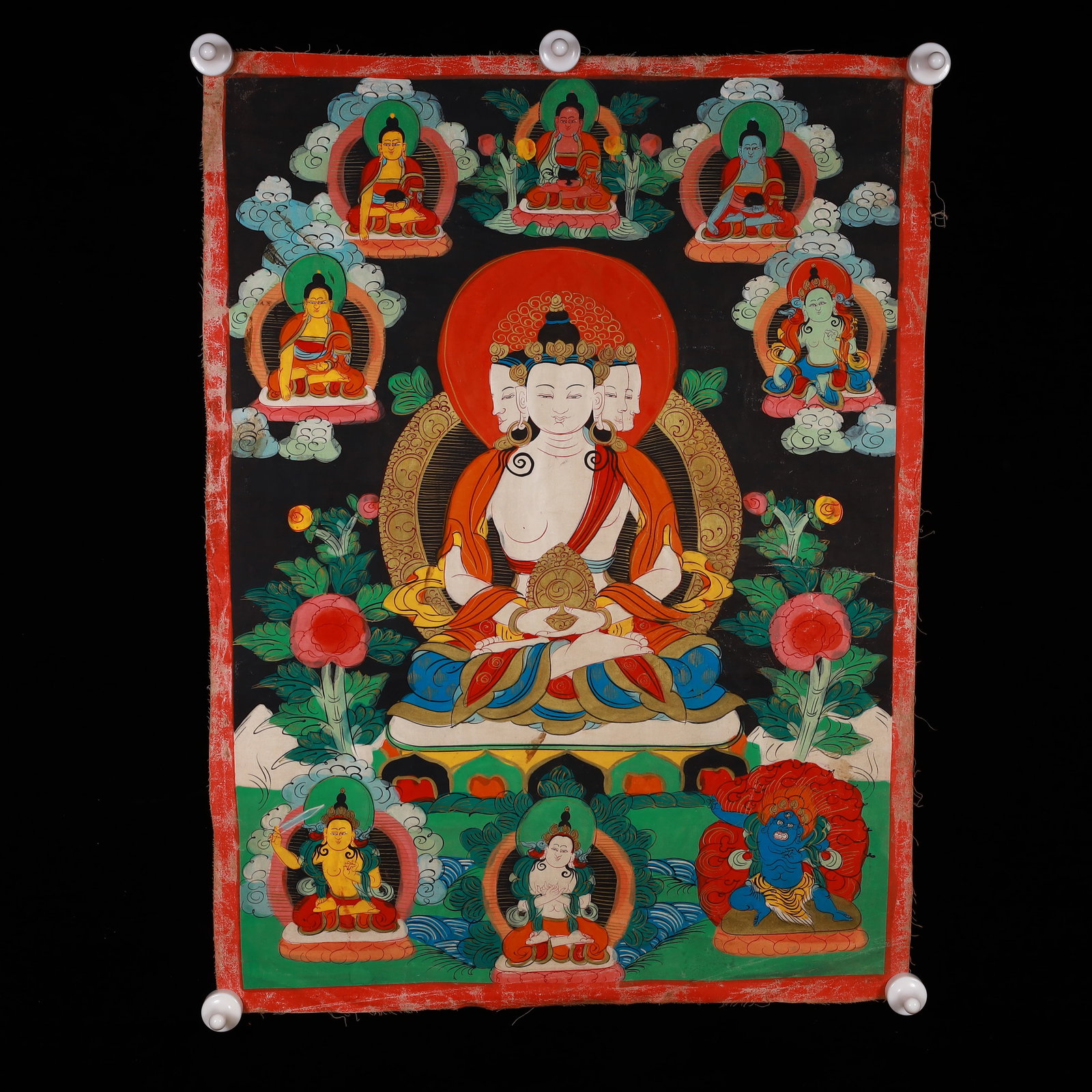 A Rare Painted Color Statue of Amitayus Tangka: A Rare Painted Color Statue of Amitayus Tangka,Qing Dynasty, China,Size:20.1inx26.8in 彩绘无量寿佛像唐卡,中国清代
