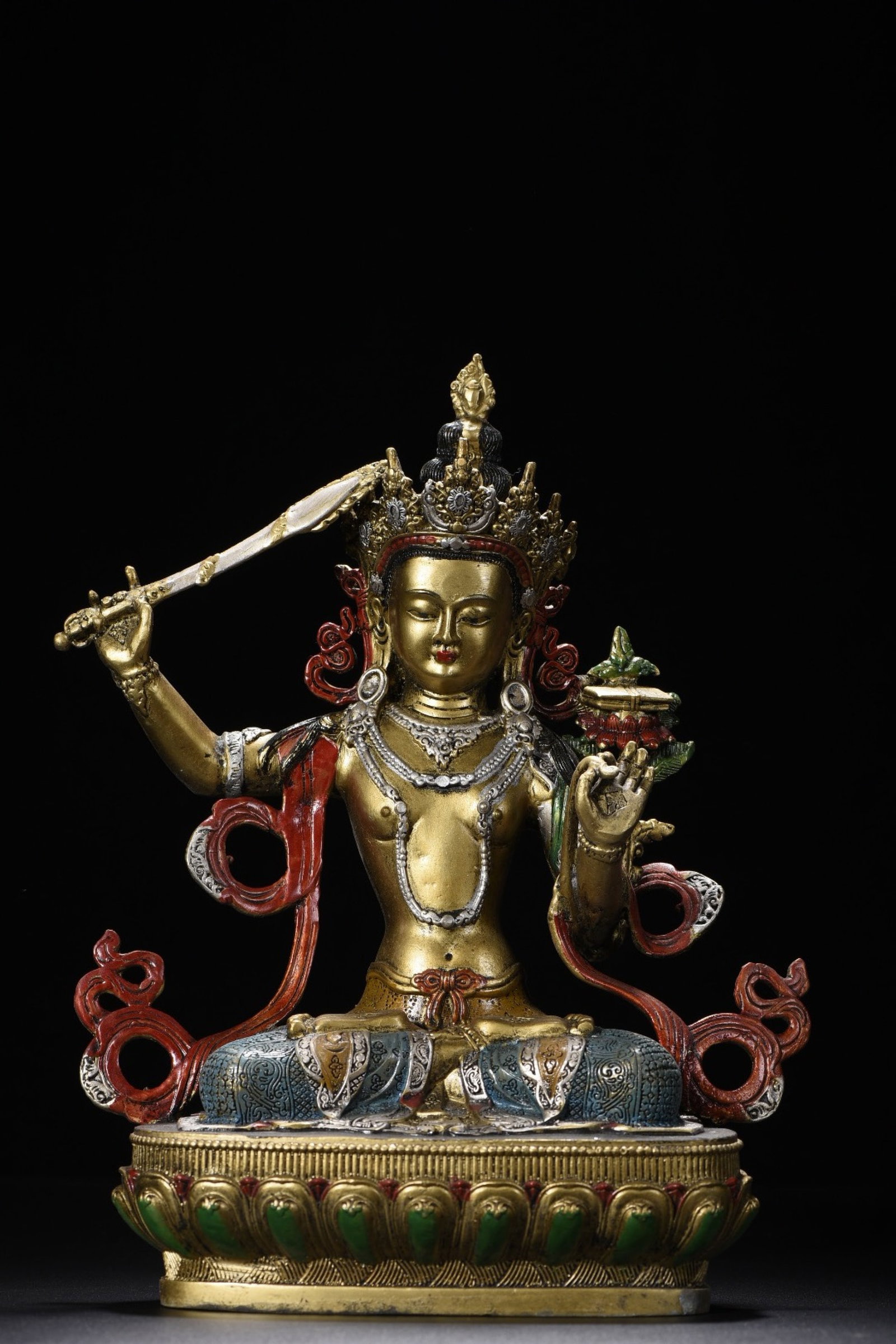 A Solemn Bronze Painted Color Statue of Manjusri: A Solemn Bronze Painted Color Statue of Manjusri,Qing Dynasty,China,Size:11.4inx8.7inx4.3in,Weight:1715g 铜彩绘文殊菩萨像,中国清ߣ