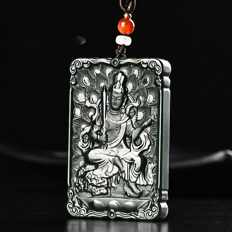 An Exquisite Cyan jade Statue of Manjusri Pendant: An Exquisite Cyan jade Statue of Manjusri Pendant,Size:2.4inx1.6inx0.3in 青玉文殊菩萨像挂件