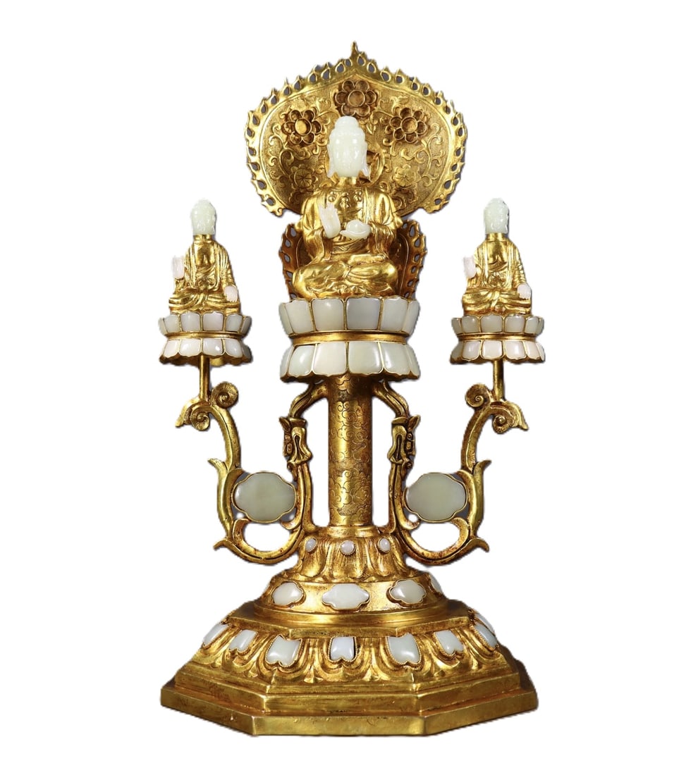 An Exquisite Gilt Bronze Inlaid White Jade Statue of Sakyamuni: An Exquisite Gilt Bronze Inlaid White Jade Statue of Sakyamuni,Qing Dynasty,China,Qianlong Four-character Mark,Size:18.1inx10.2in,Weight:3180g 铜鎏金嵌白玉释&