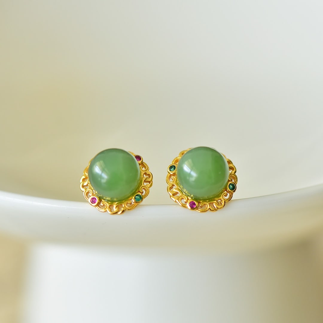 A Pair of Exquisite Sterling Silver-Gold Plated Inlaid Jasper Earrings,Inlaid Gems: A Pair of Exquisite Sterling Silver-Gold Plated Inlaid Jasper Earrings,Inlaid Gems,Size:0.3inx0.3in 一对纯银镀金镶碧玉耳环,嵌