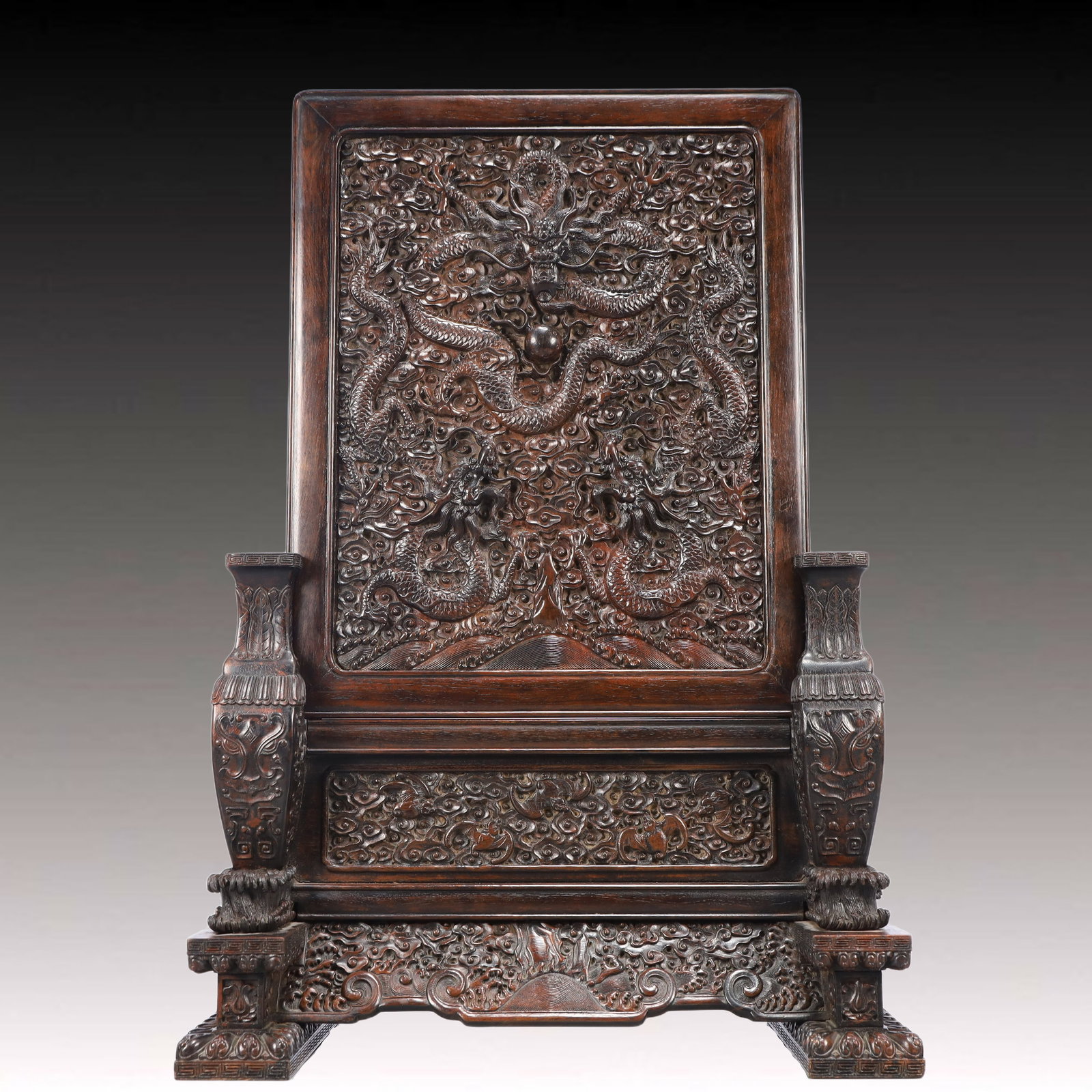 A Rare Zitanwood Dragon Pattern Table Screen: A Rare Zitanwood Dragon Pattern Table Screen,Qing Dynasty, China,Size:14.6inx6.5inx21.3in,Weight:5150g 紫檀木龙纹台屏,中国清代