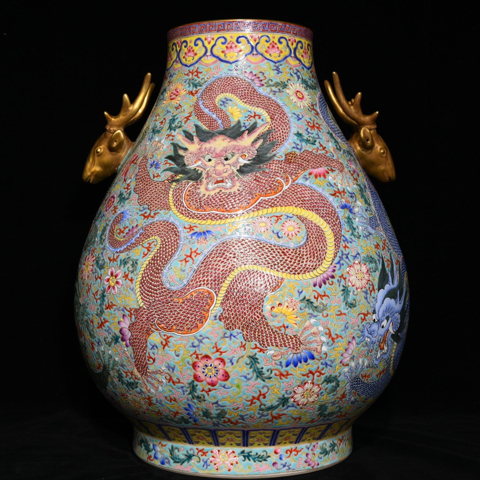 A Huge Enamel Gilt Lotus and Dragon Pattern Double-Ears Vase: A Huge Enamel Gilt Lotus and Dragon Pattern Double-Ears Vase,Qing Dynasty,China,Qianlong Six-character Mark,Size:18.9inx15in 珐琅彩鎏金缠枝莲龙