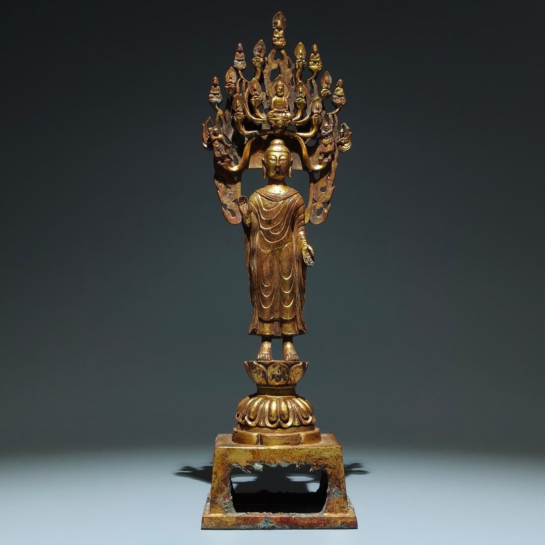 A Solemn Gilt Bronze Statue of Sakyamuni: A Solemn Gilt Bronze Statue of Sakyamuni,N.Wei,China,Size:16.1inx4.9inx3.5in 铜鎏金释迦摩尼像,中国北魏时期